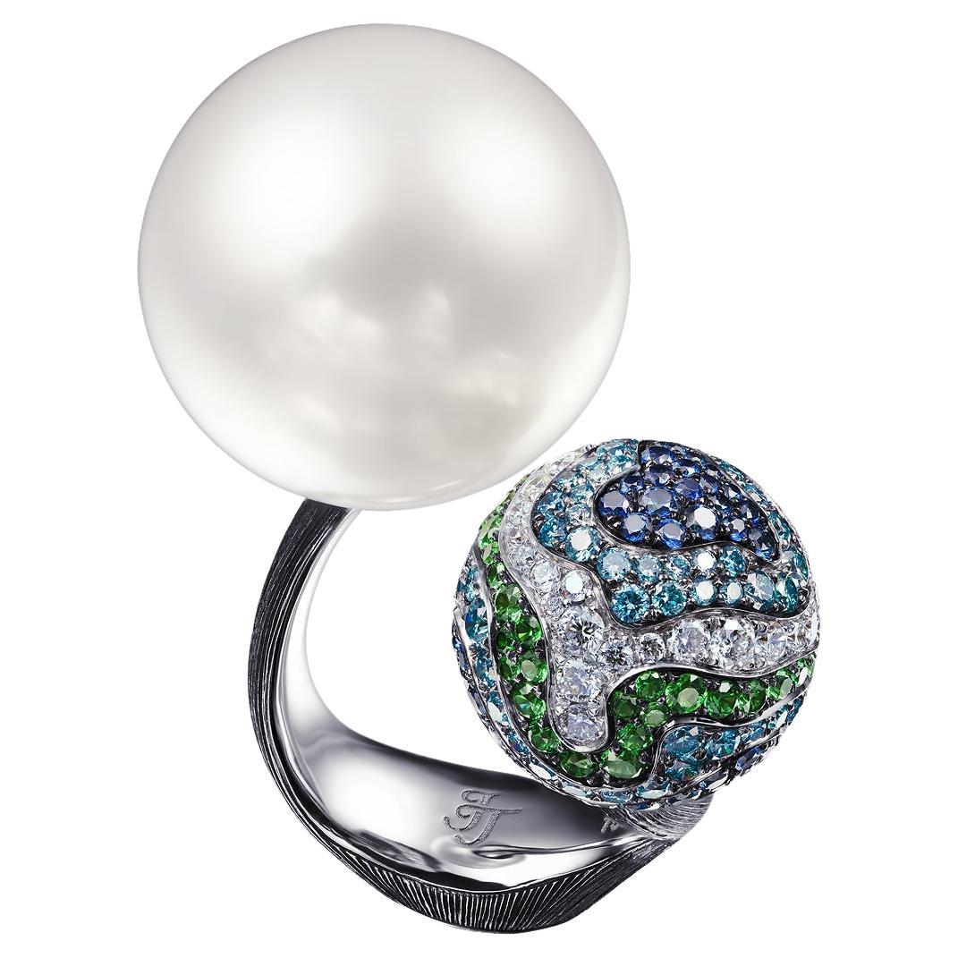 18 K White Gold White South Sea Pearl, Diamonds, Sapphires and Tsavorites Ring For Sale