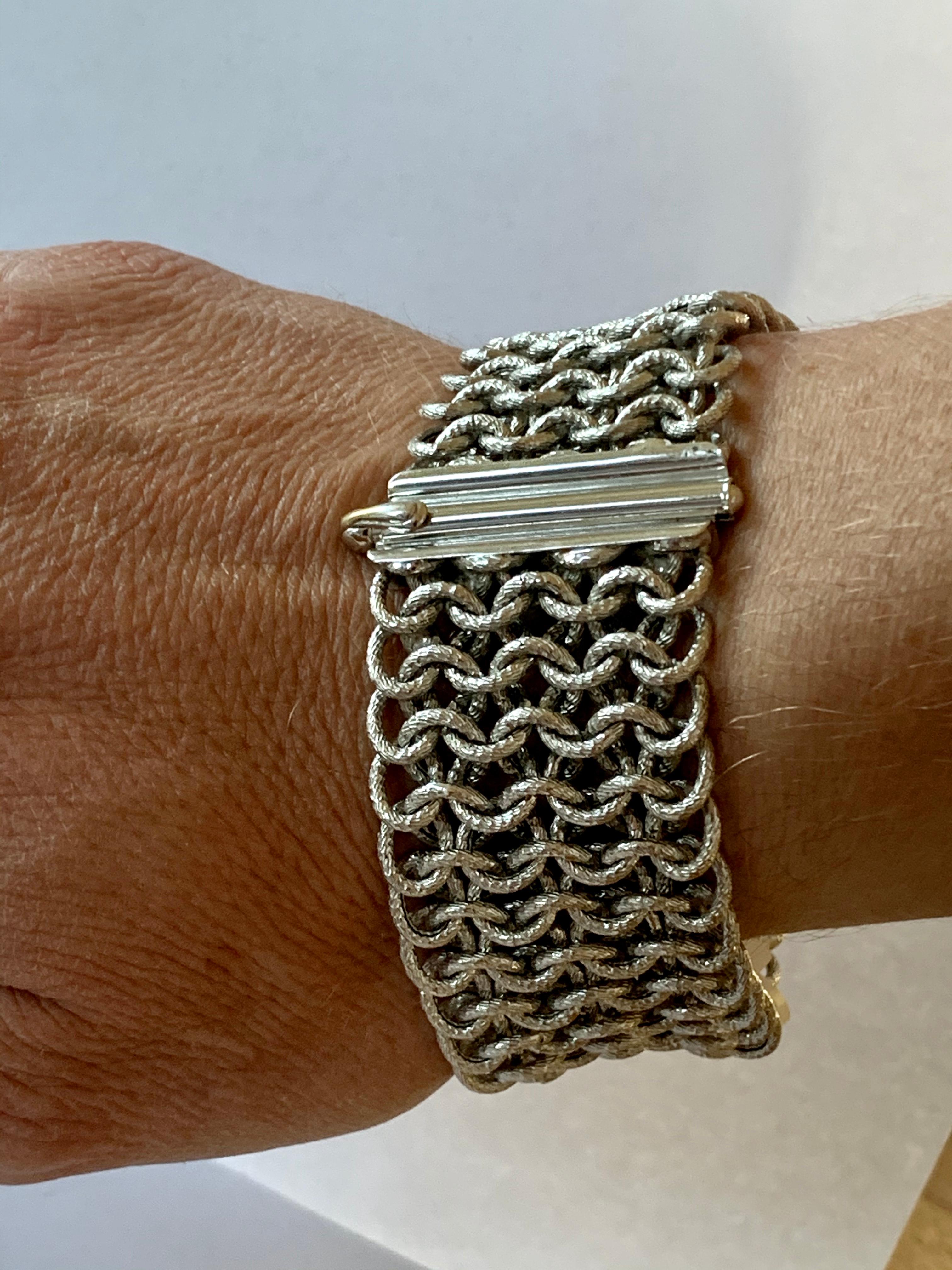 Women's or Men's 18 Karat White Gold Wide Woven Bracelet Italian