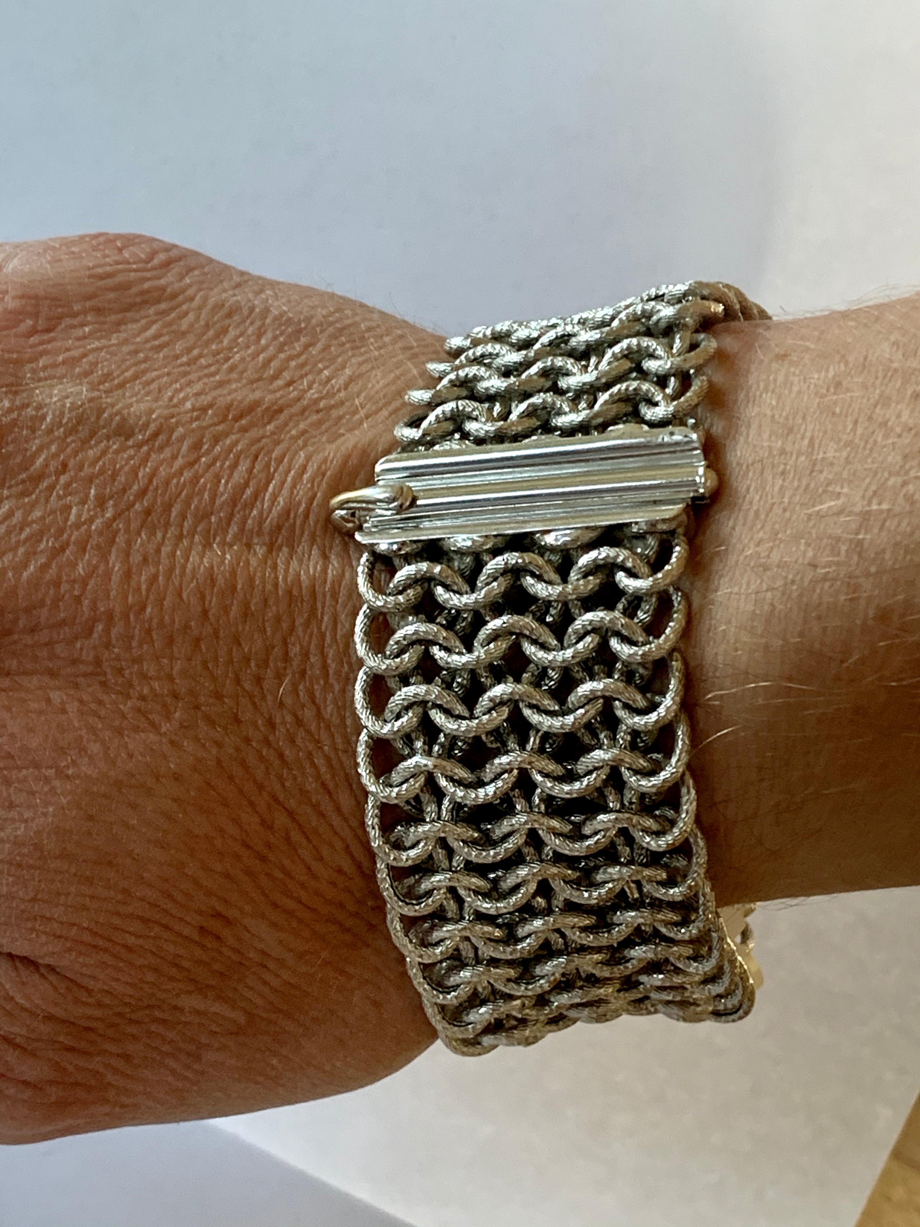 Women's or Men's 18 Karat White Gold Wide Woven Bracelet Italian For Sale