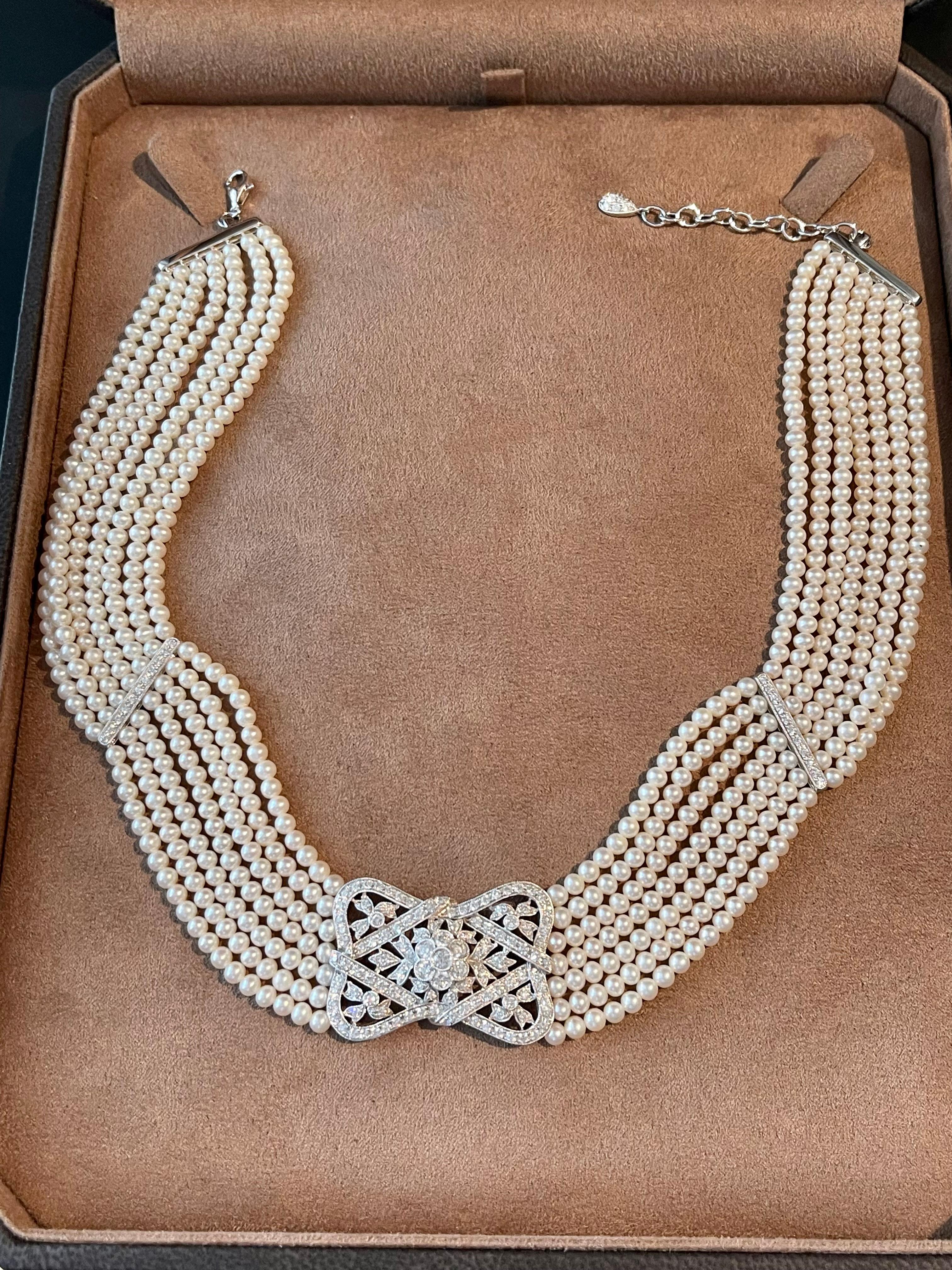 Women's 18 K white Pearl Diamond Collar Choker Necklace  