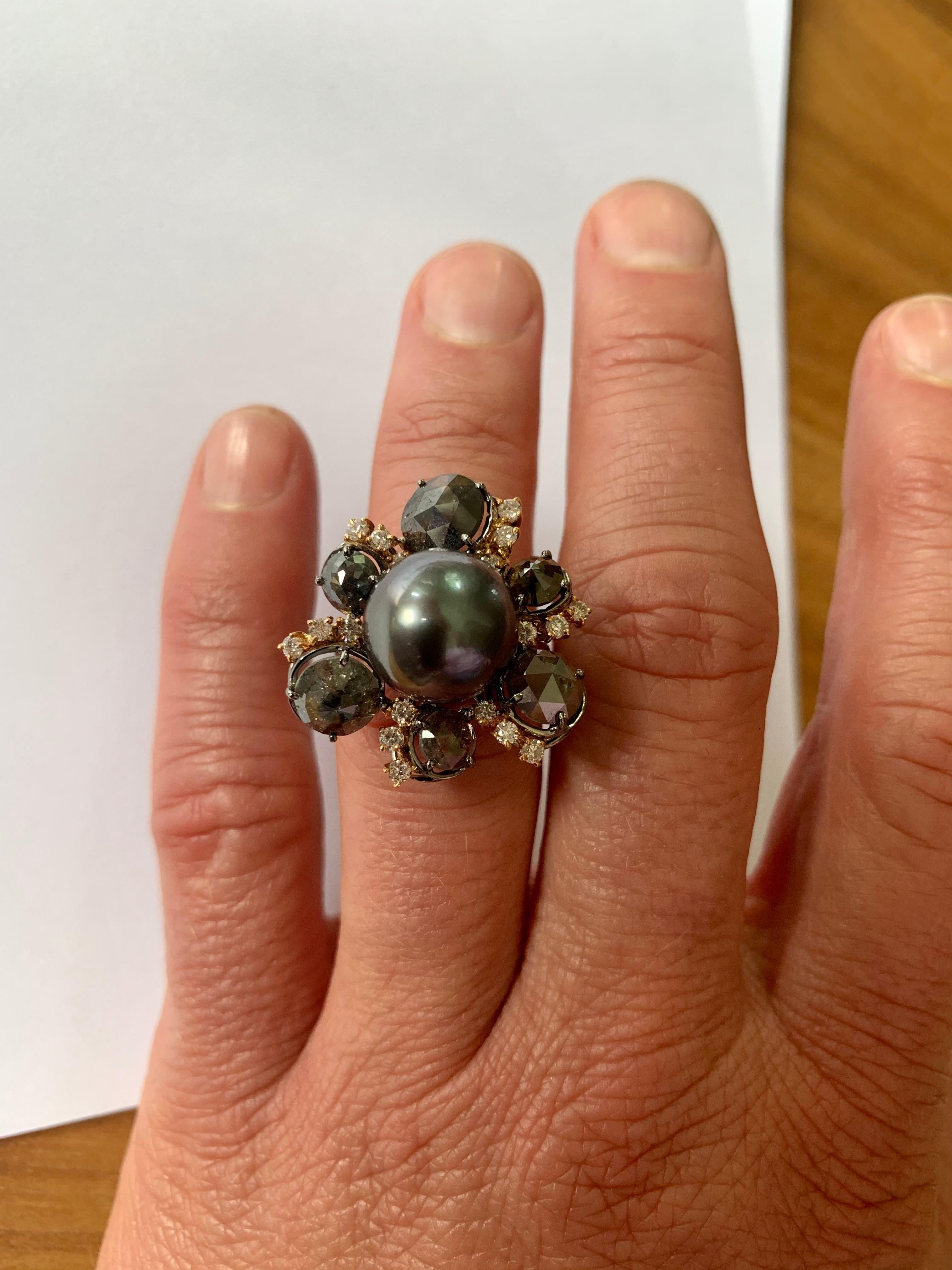 18 K White & Pink Gold Ring Rough Diamonds Tahitian Pearl For Sale 4