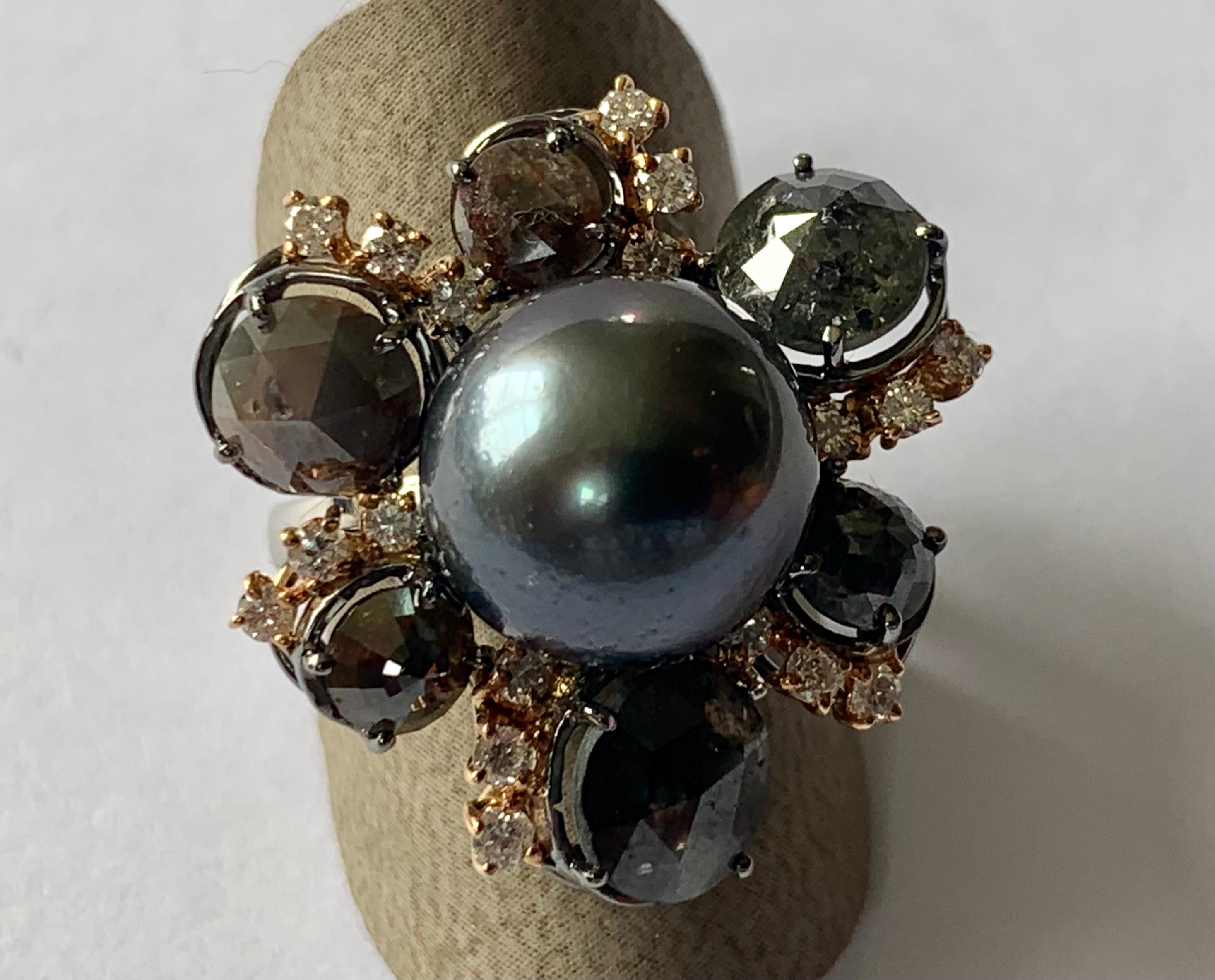 18 K White & Pink Gold Ring Rough Diamonds Tahitian Pearl In Excellent Condition For Sale In Zurich, Zollstrasse