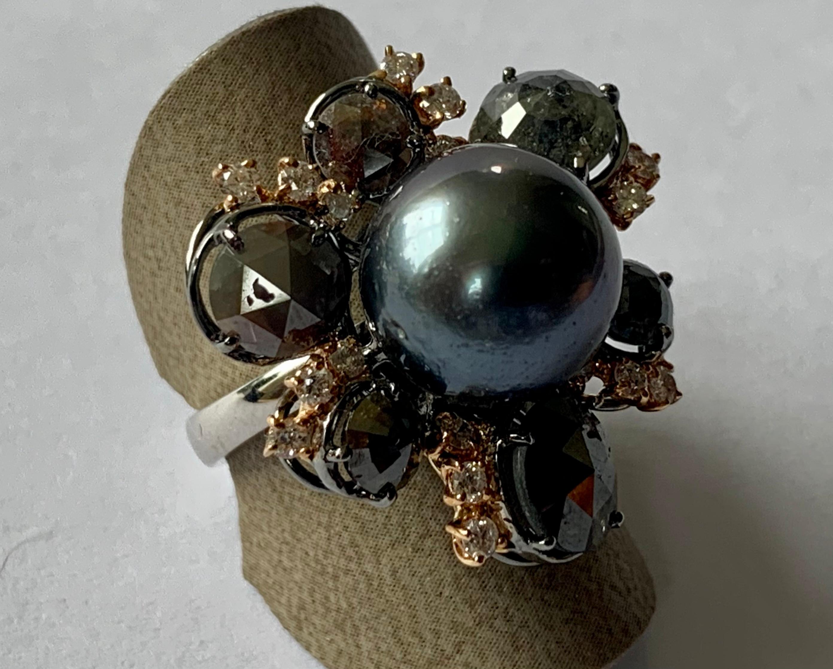 18 K White & Pink Gold Ring Rough Diamonds Tahitian Pearl For Sale 1