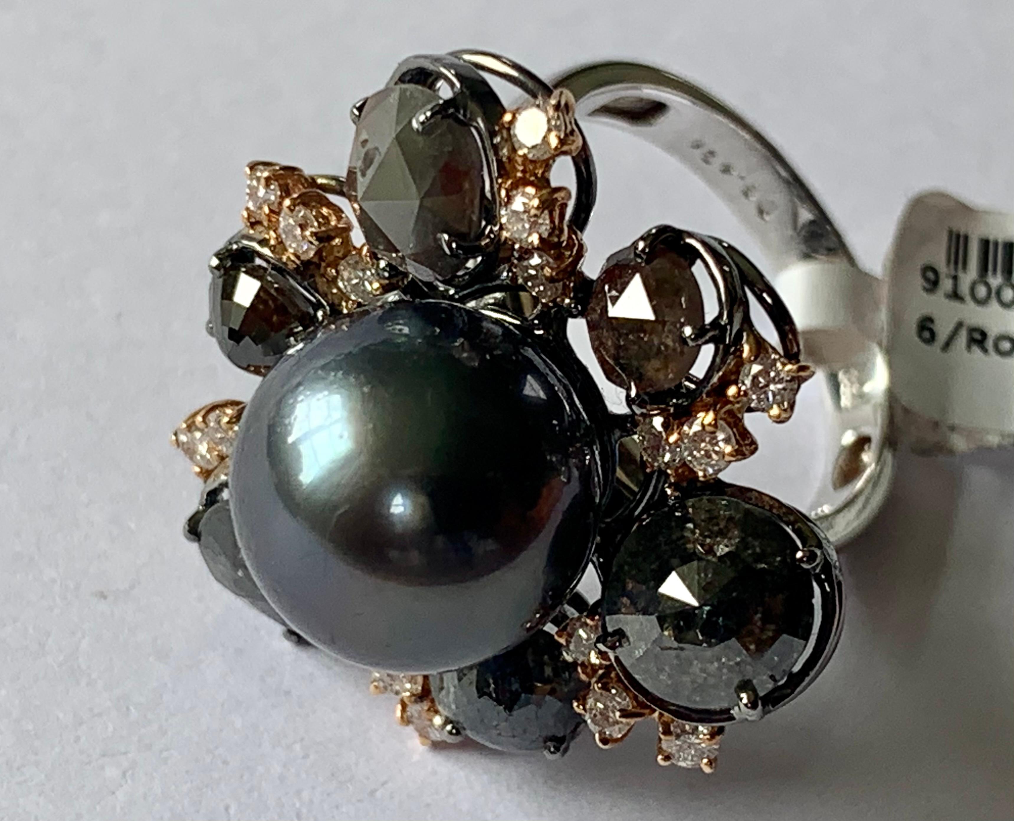 18 K White & Pink Gold Ring Rough Diamonds Tahitian Pearl For Sale 2