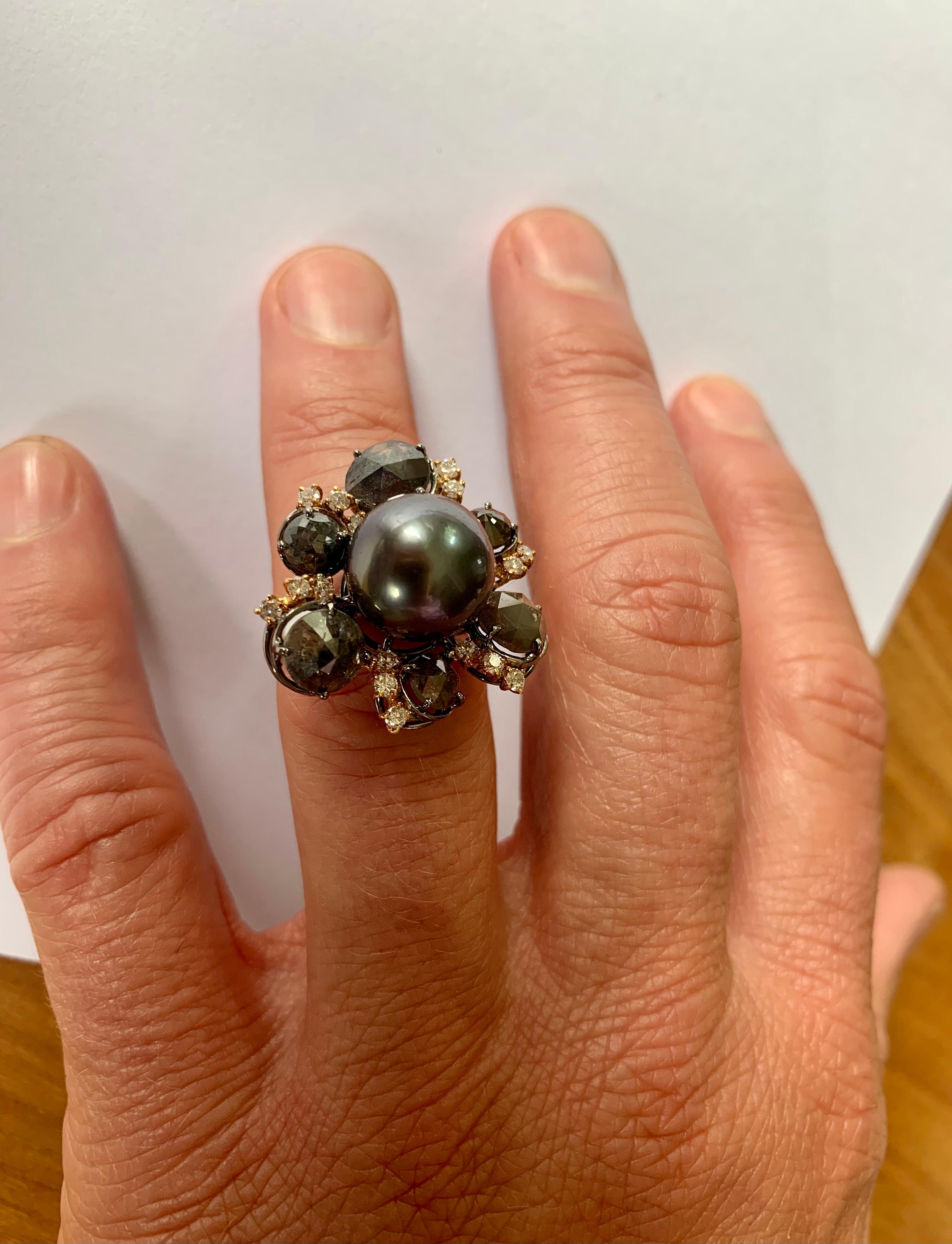 18 K White & Pink Gold Ring Rough Diamonds Tahitian Pearl For Sale 3