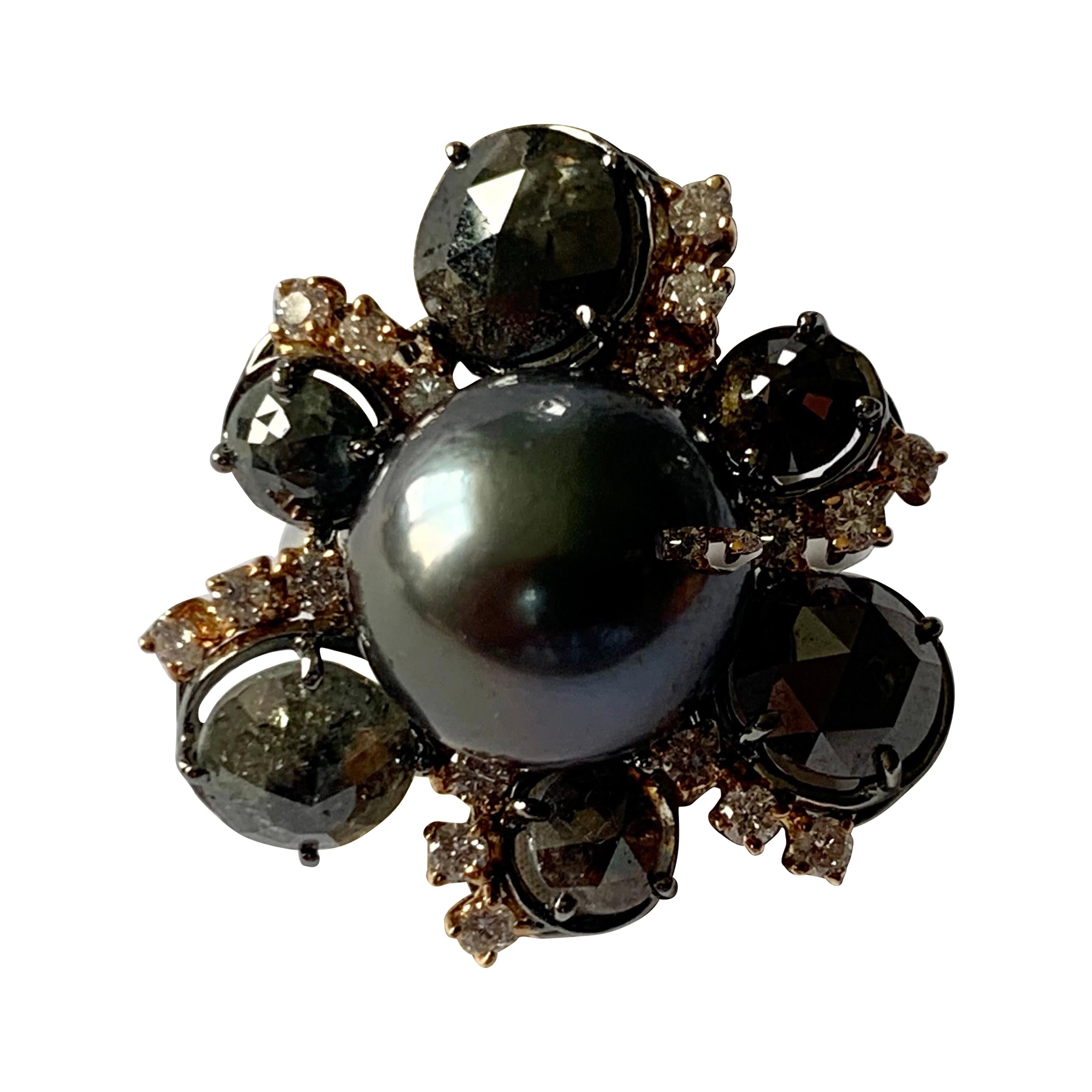 18 K White & Pink Gold Ring Rough Diamonds Tahitian Pearl For Sale