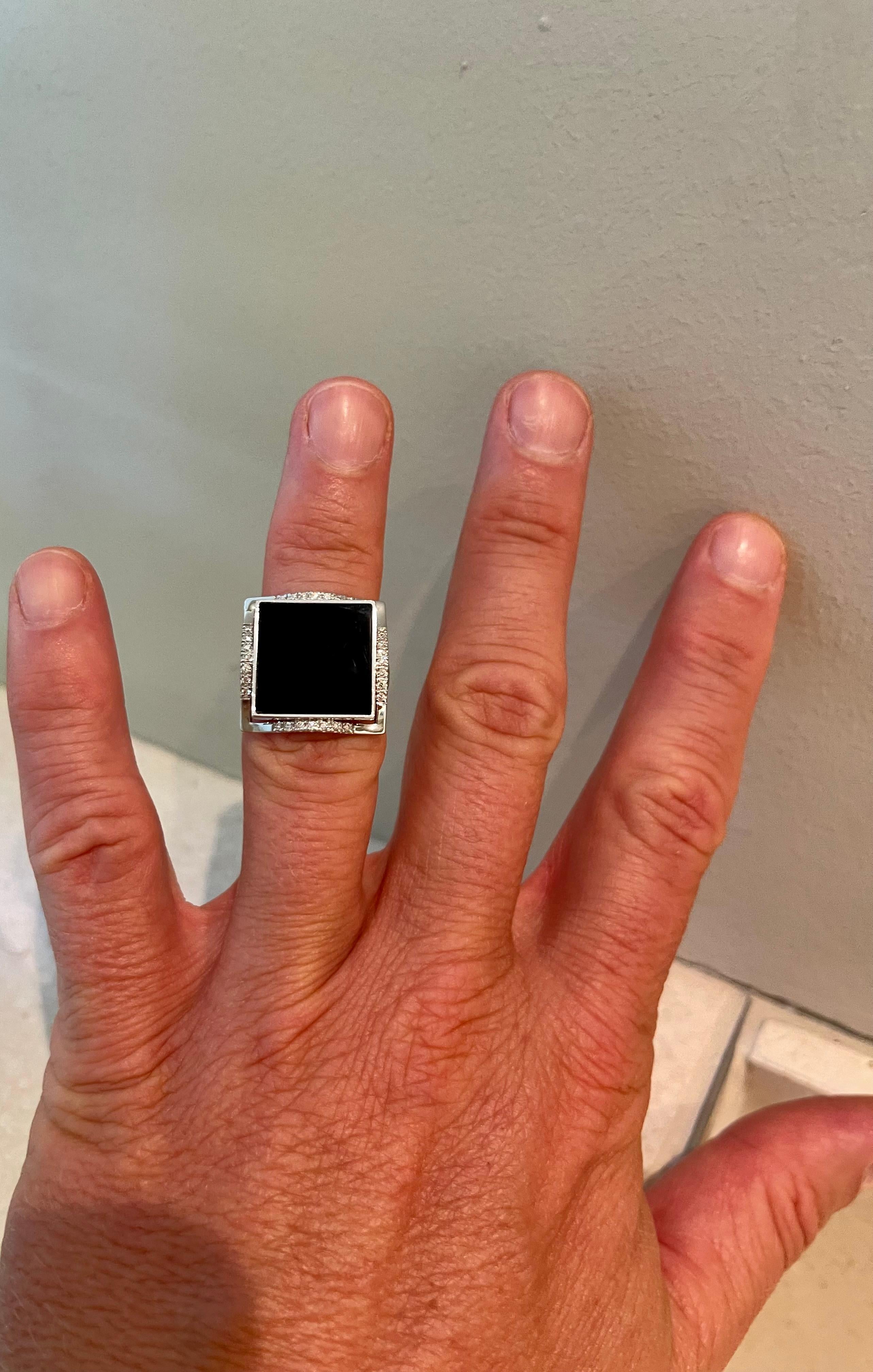 Women's or Men's 18 K Whitel Gold Ring Black Onyx Diamonds For Sale