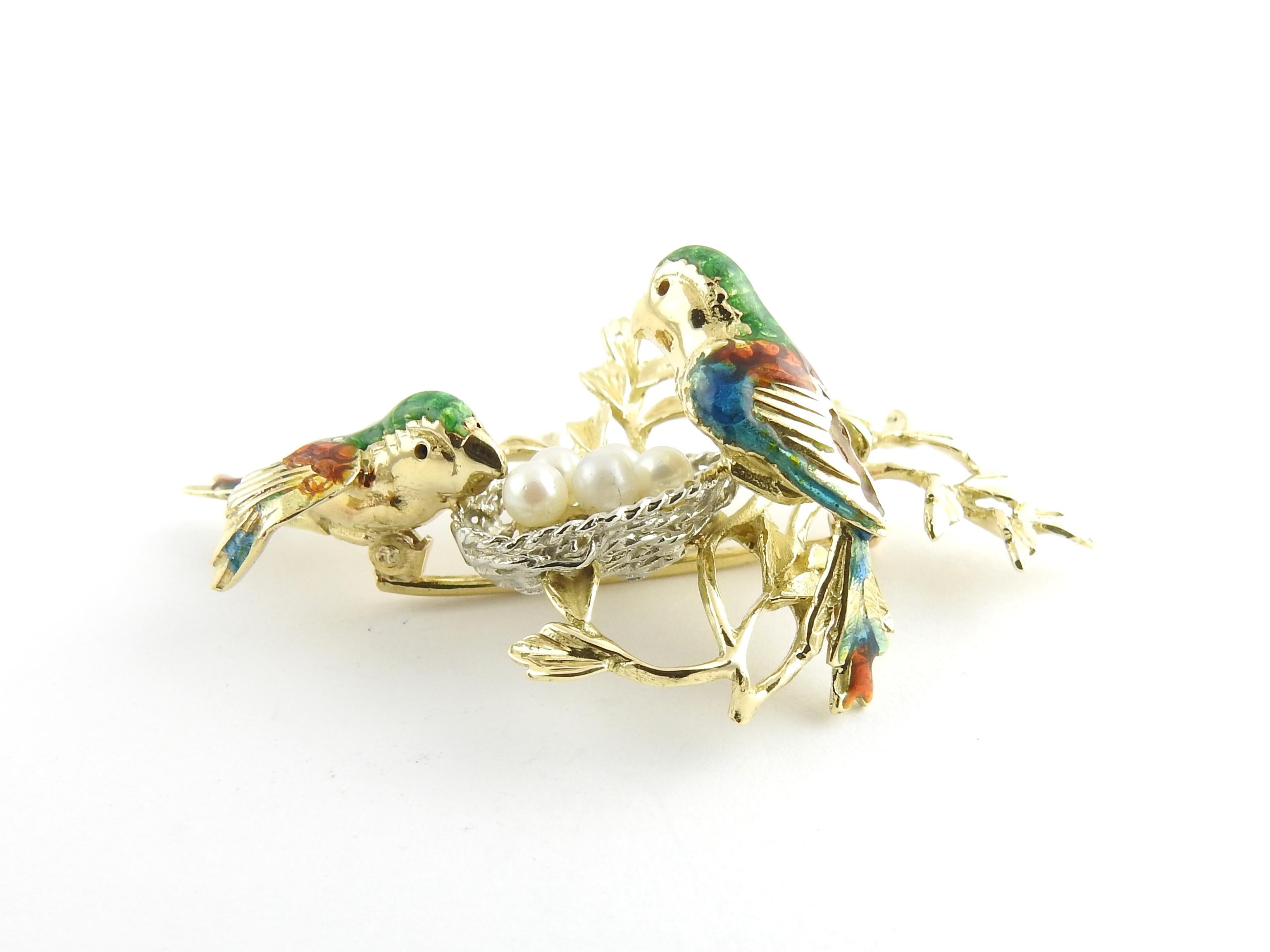 Vintage 18 Karat Yellow and White Gold and Pearls Birds in Nest Brooch/Pendant-

This stunning 3d brooch features two colorful birds tending their nest of 