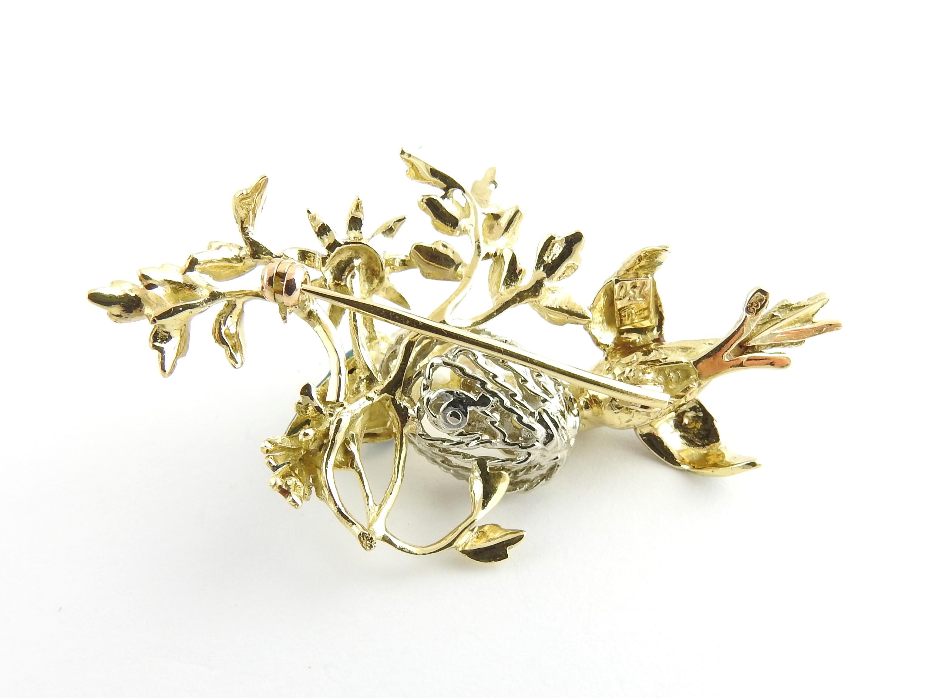 Women's 18 Karat Yellow and White Gold and Pearl Birds and Nest Brooch / Pin