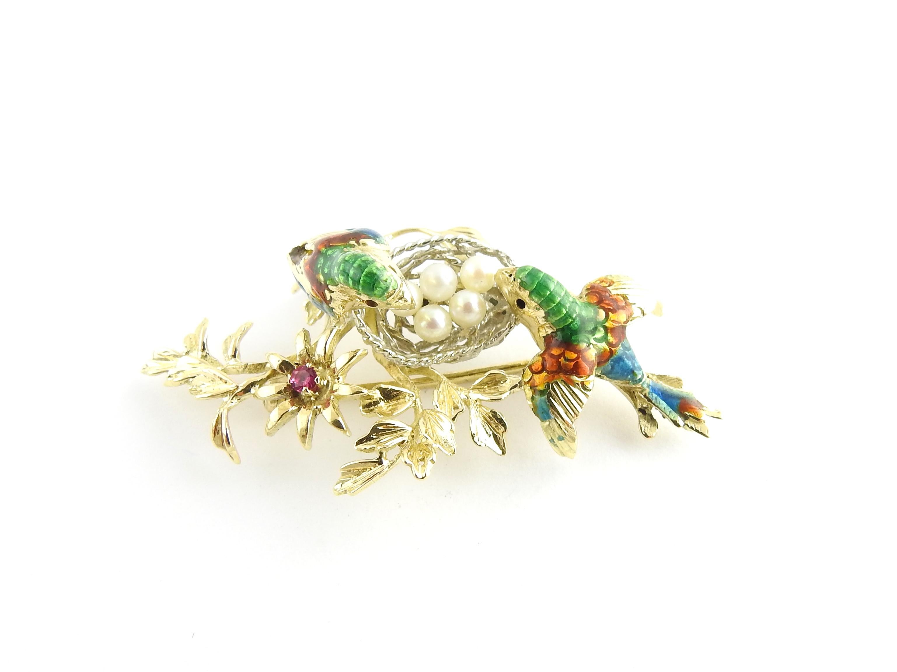 18 Karat Yellow and White Gold and Pearl Birds and Nest Brooch / Pin 2