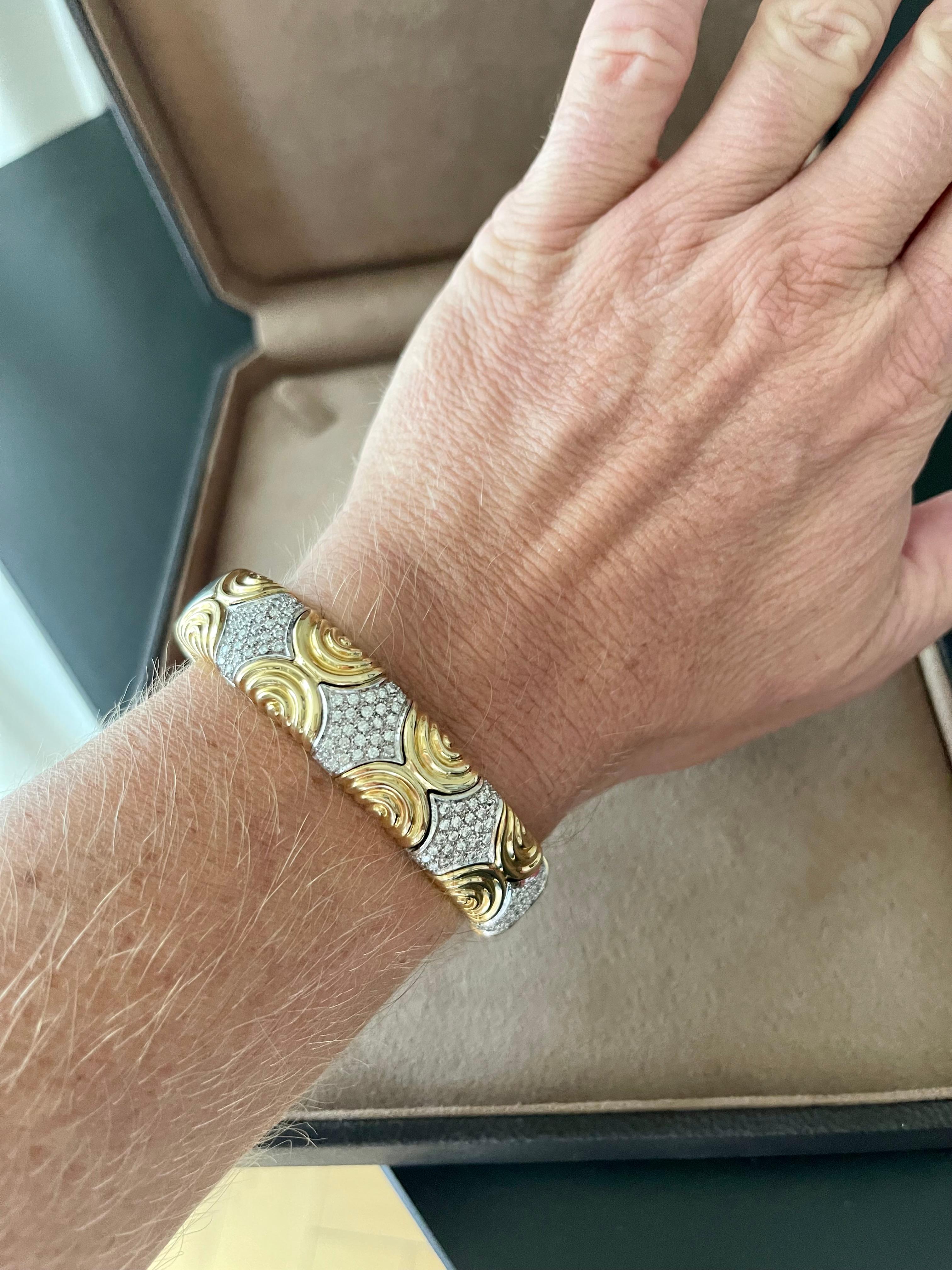Women's or Men's 18 K yellow and white Gold italian Bangle Bracelet Diamonds For Sale