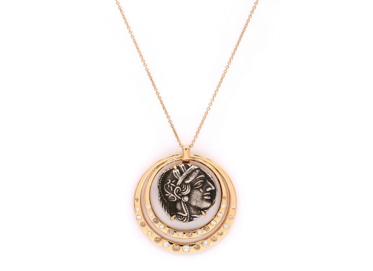 Classical Greek 18 K Yellow Gold 1.008 White and Brown Diamond Tetradrachma Pendant For Sale