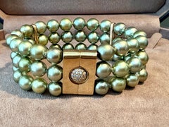 18 K yellow Gold 3 row Pistachio green Tahitinan Pearl Diamond Bracelet