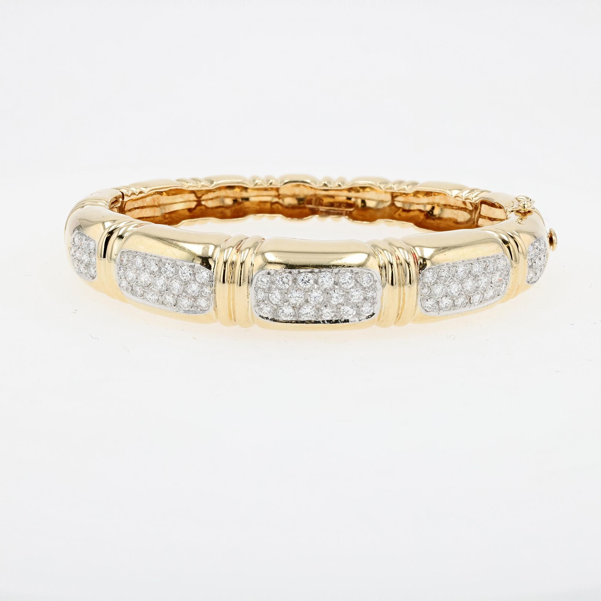 Brilliant Cut 18k Yellow Gold and Platinum Diamond Bangle Bracelet For Sale