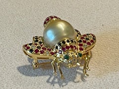 18 K yellow Gold bee brooch golden South Sea Pearl Diamond Emerald Ruby