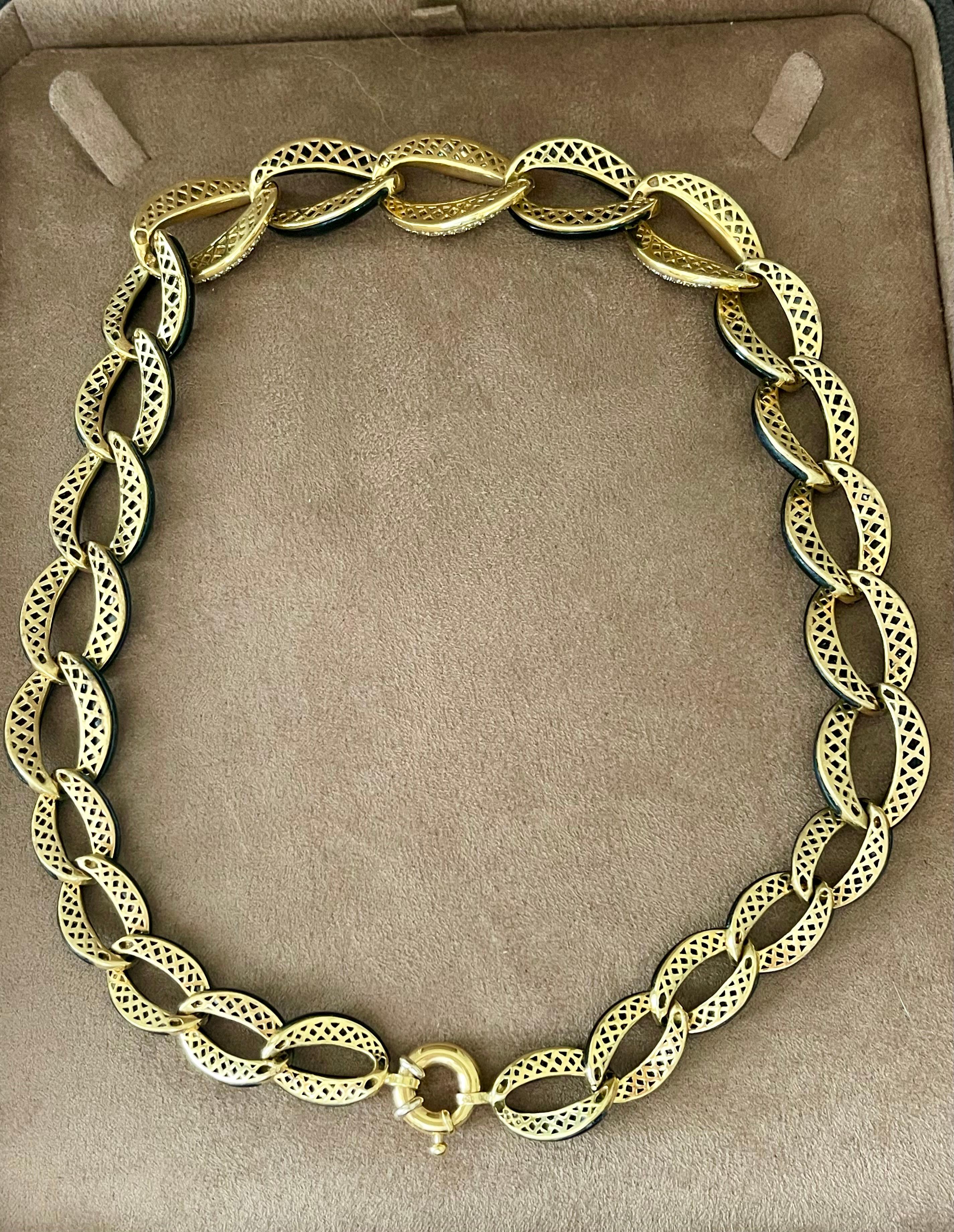 Brilliant Cut 18 K yellow Gold Black Enamel Diamond link necklace For Sale