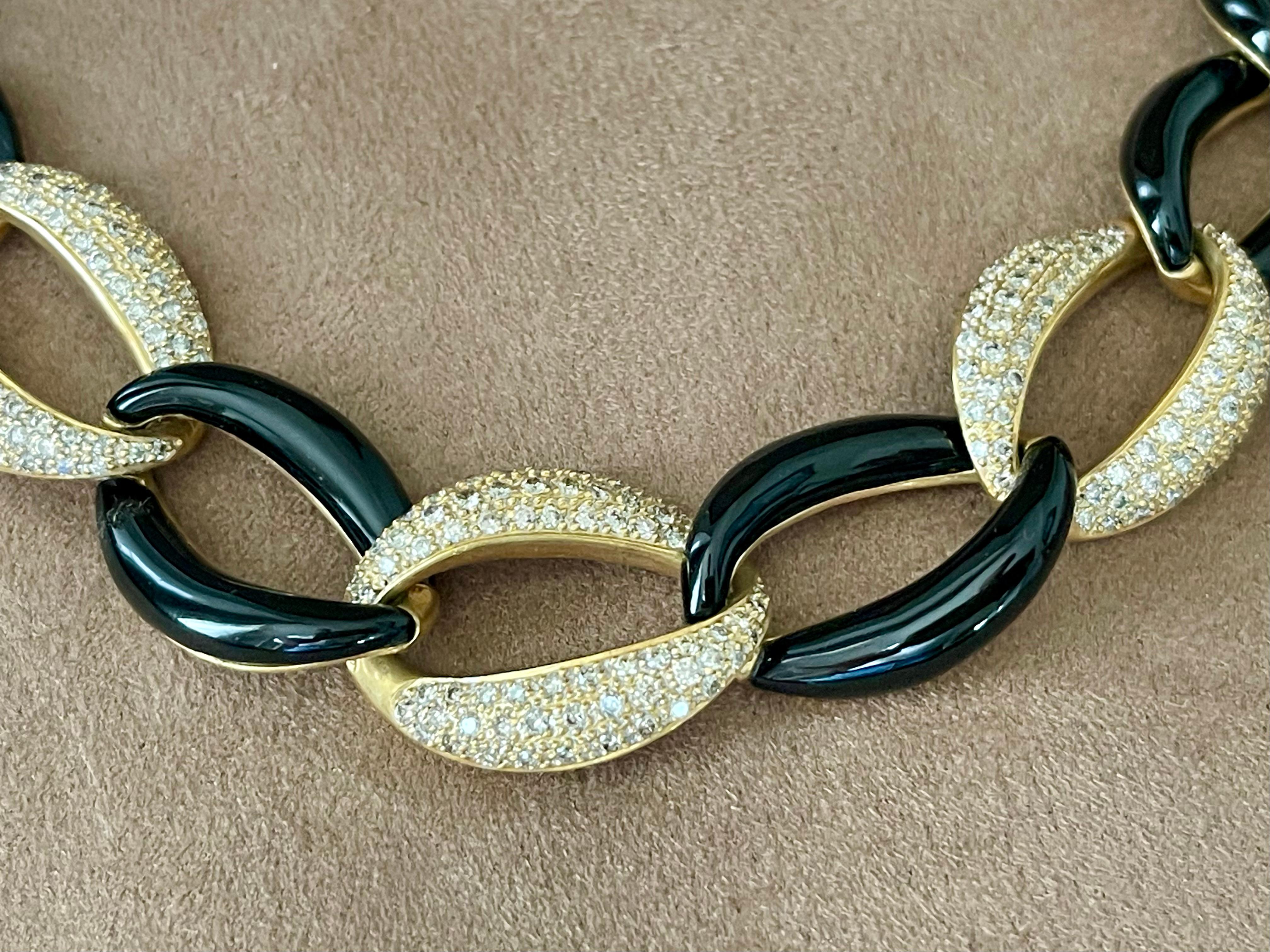 Women's 18 K yellow Gold Black Enamel Diamond link necklace For Sale