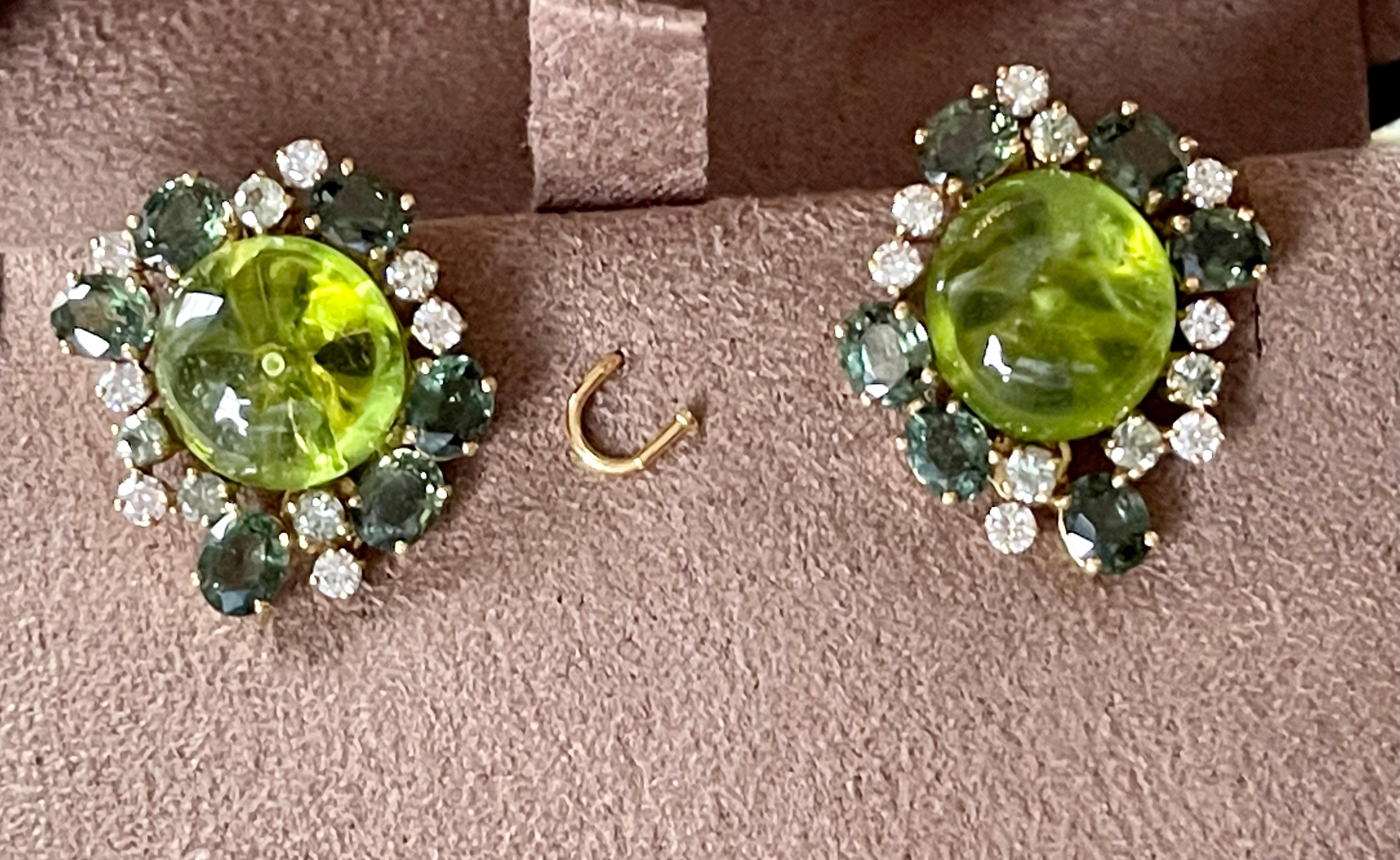 18 K Yellow Gold Cluster Earclips Peridots Diamonds Green Sapphire For Sale 6