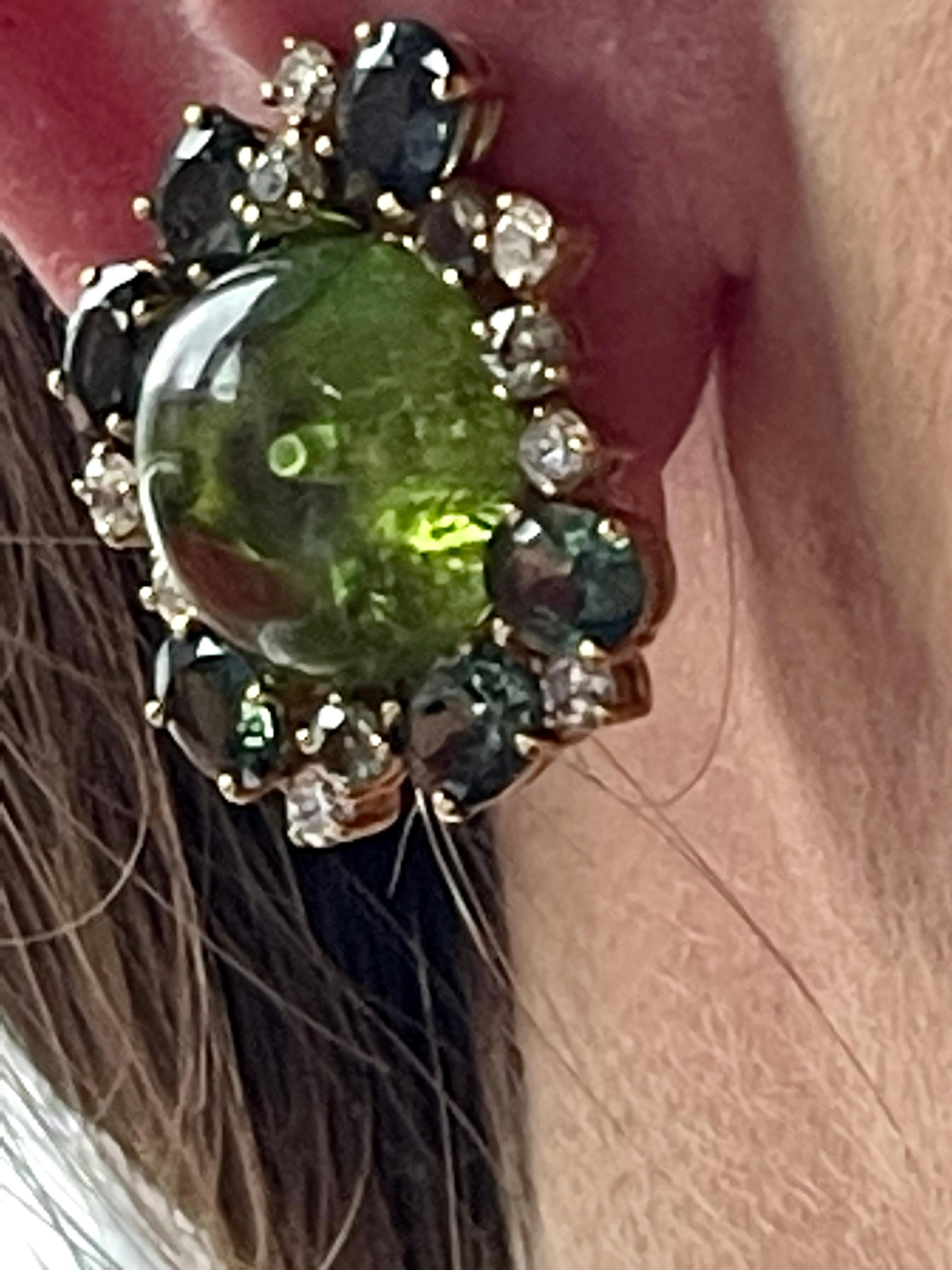 Cabochon 18 K Yellow Gold Cluster Earclips Peridots Diamonds Green Sapphire For Sale