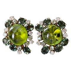 18 K Yellow Gold Cluster Earclips Peridots Diamonds Green Sapphire