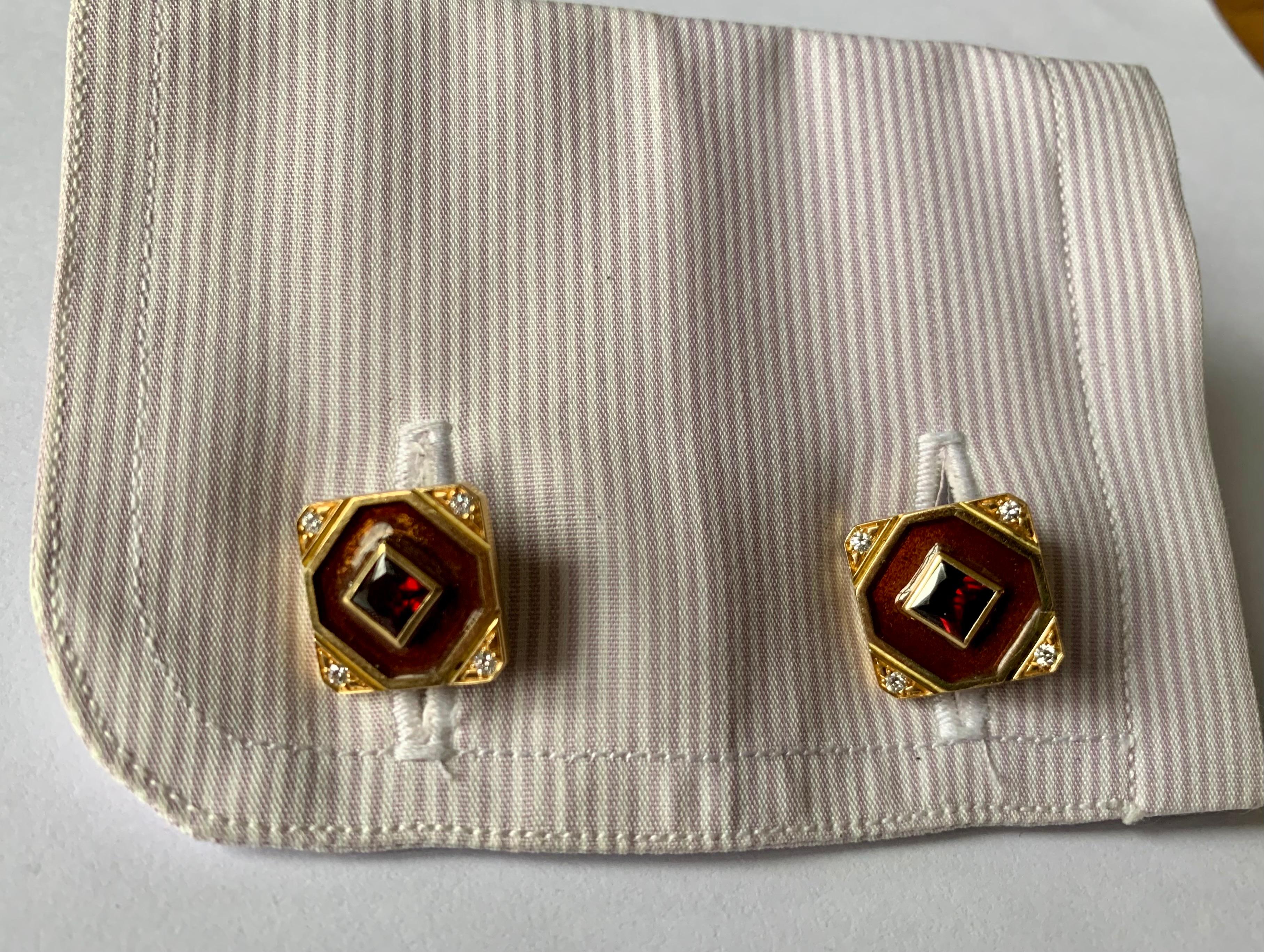 Contemporary 18 K Yellow Gold Cufflinks Enamel Garnet Diamonds Smoky Quartz For Sale