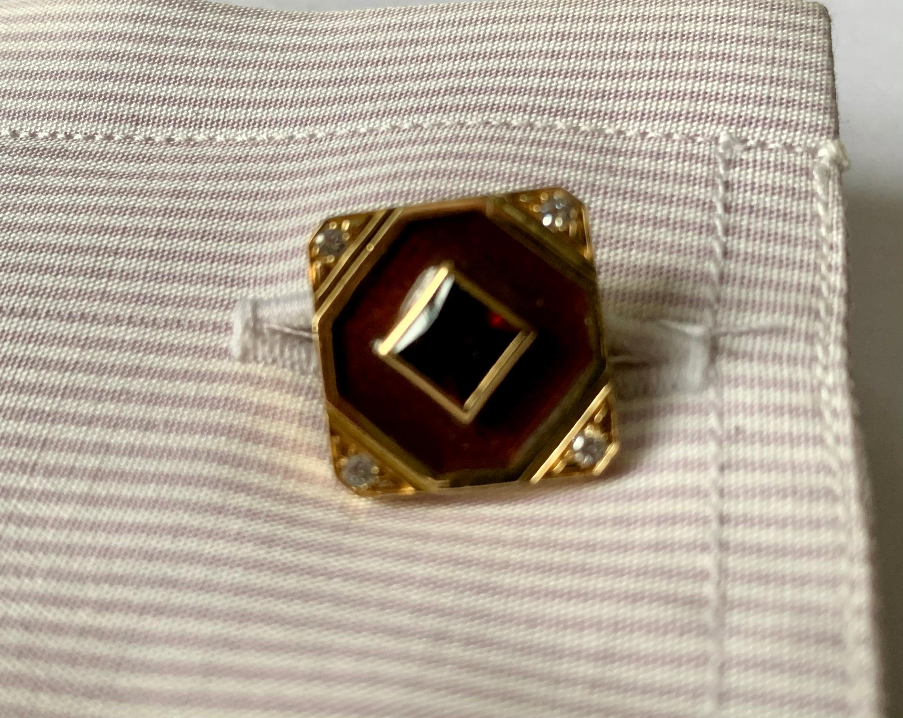 Emerald Cut 18 K Yellow Gold Cufflinks Enamel Garnet Diamonds Smoky Quartz For Sale