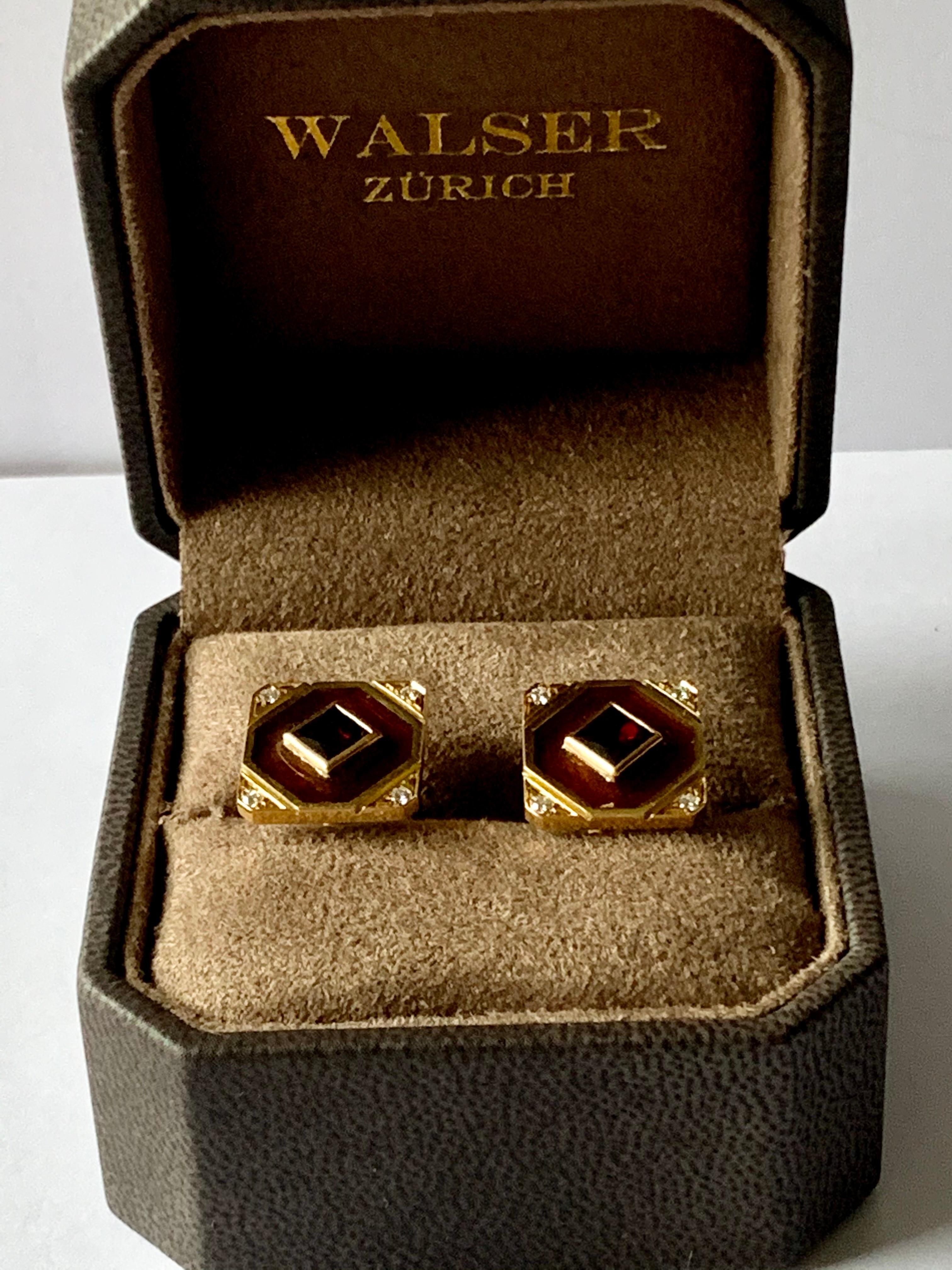 18 K Yellow Gold Cufflinks Enamel Garnet Diamonds Smoky Quartz For Sale 2