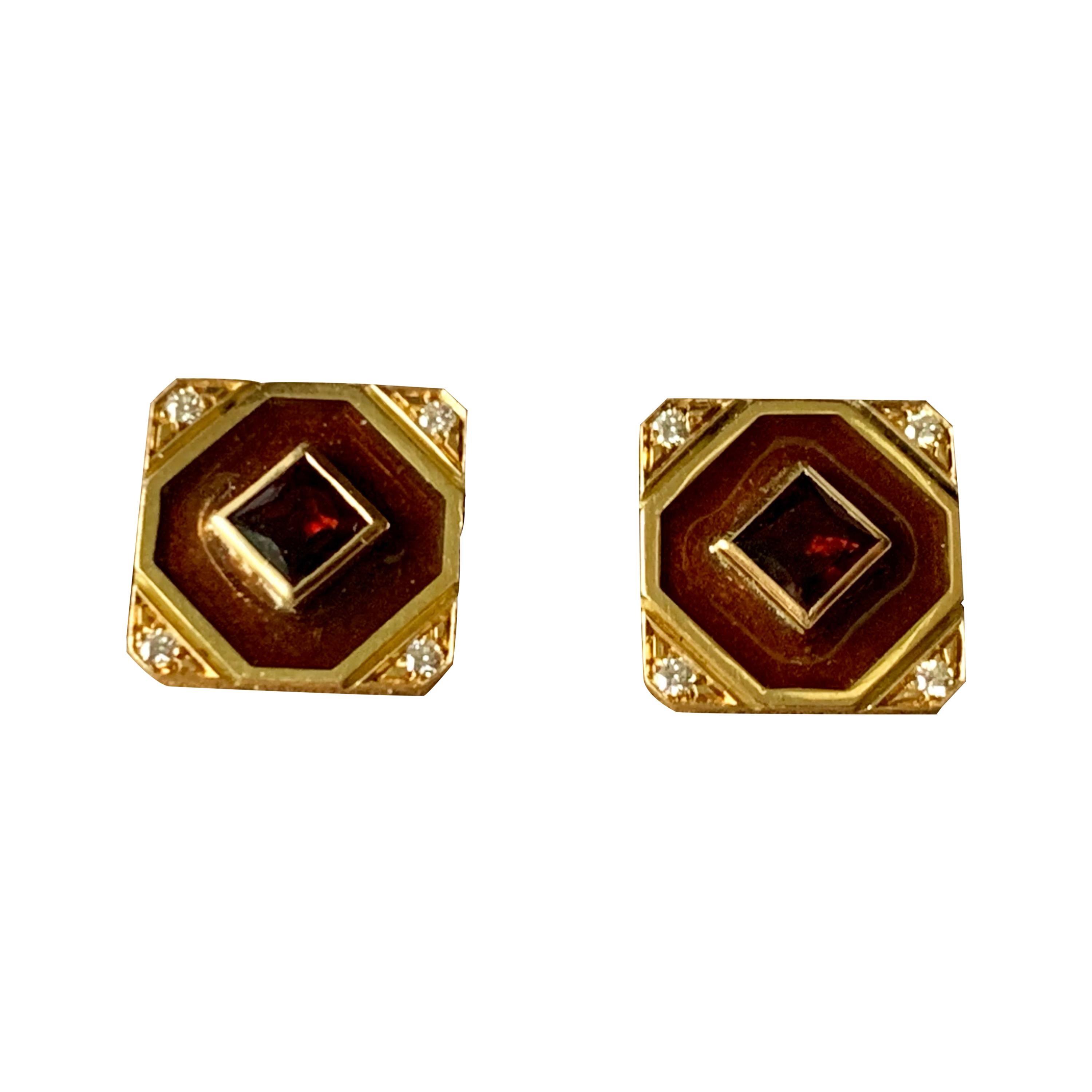 18 K Yellow Gold Cufflinks Enamel Garnet Diamonds Smoky Quartz For Sale