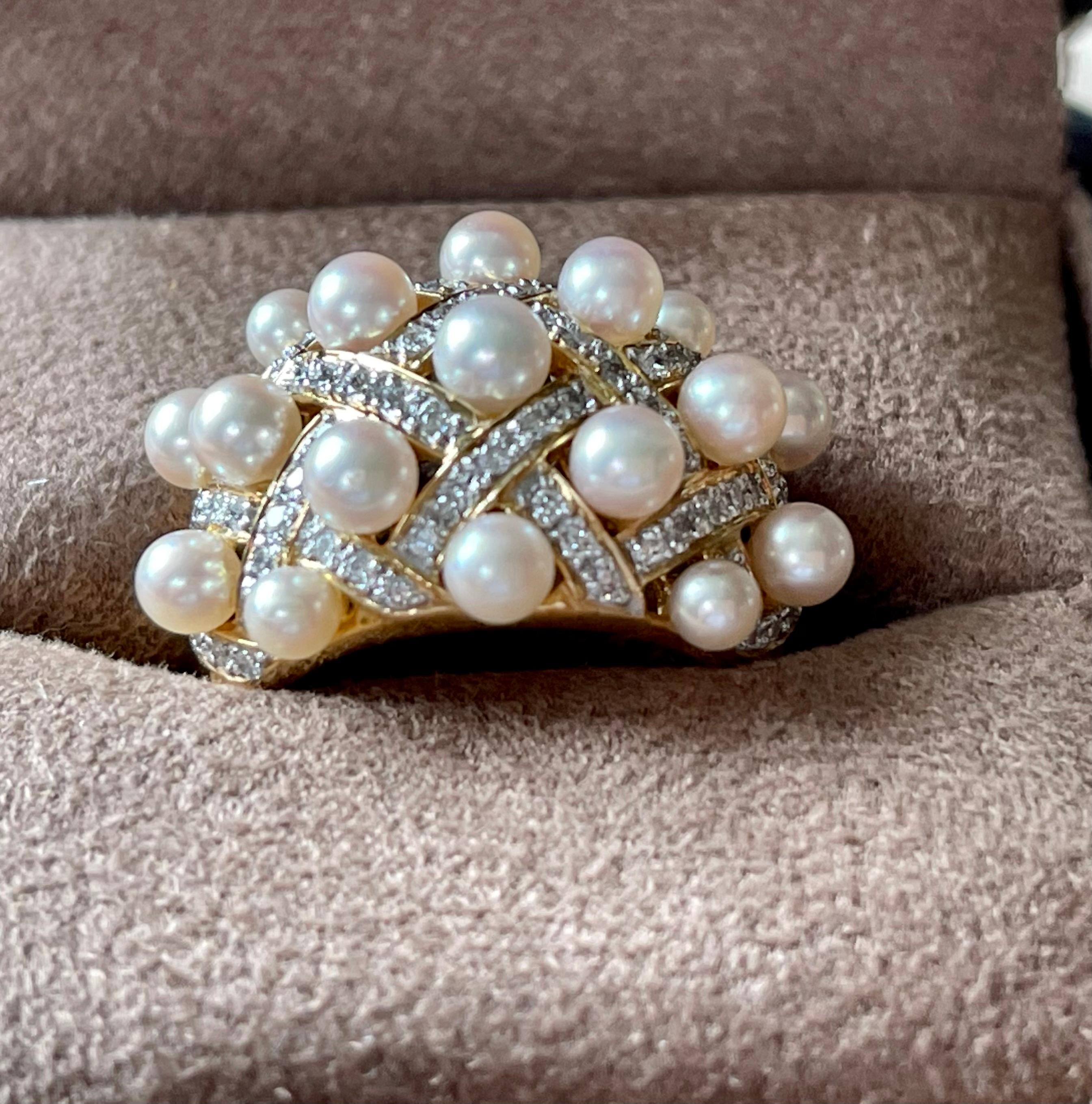 18 K Yellow Gold Cultured Pearl Diamonds Ring For Sale 1