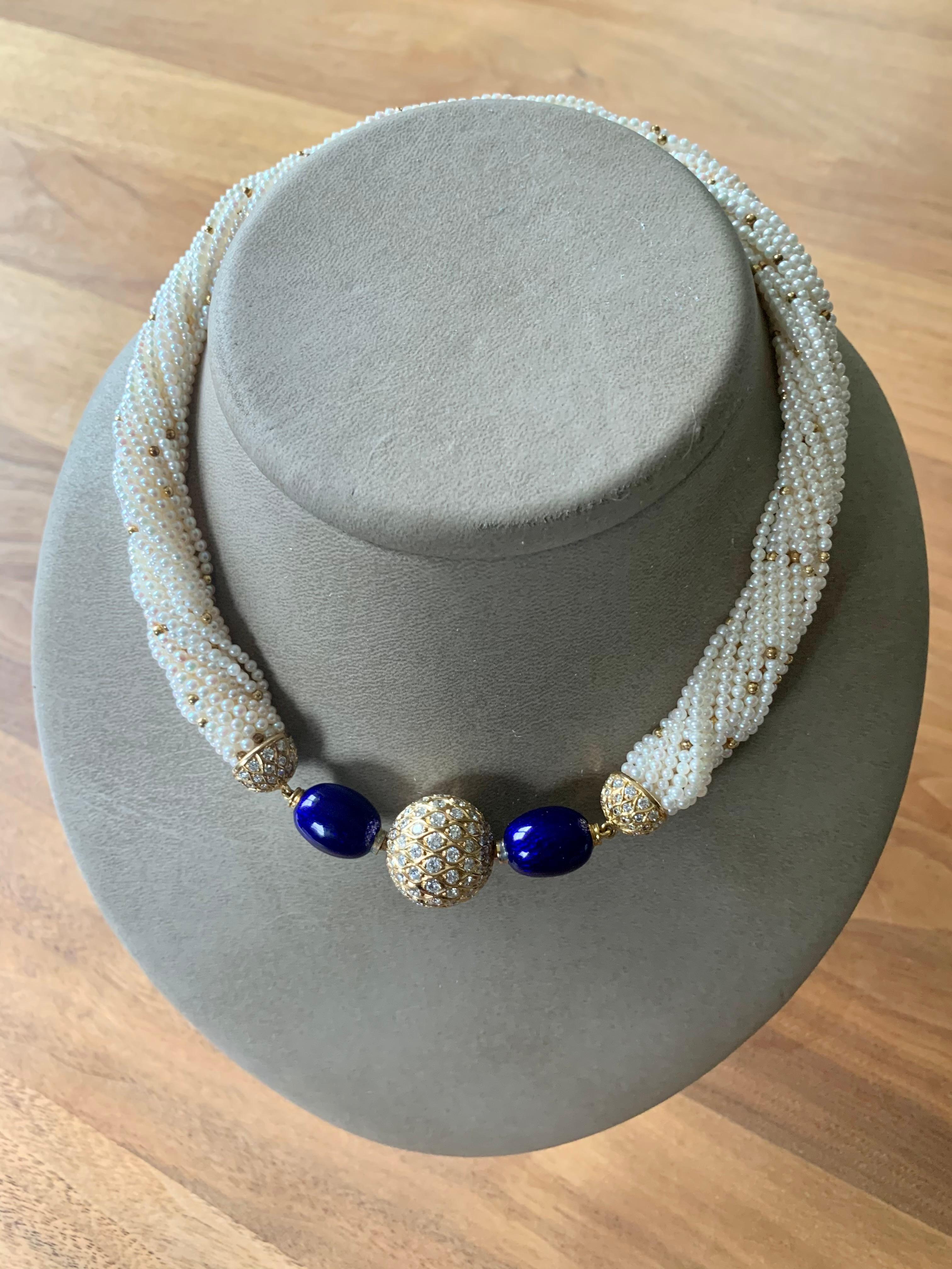 Fermoir boule en or jaune 18 carats avec perles de culture, émail et diamants en forme de torsadé en vente 6