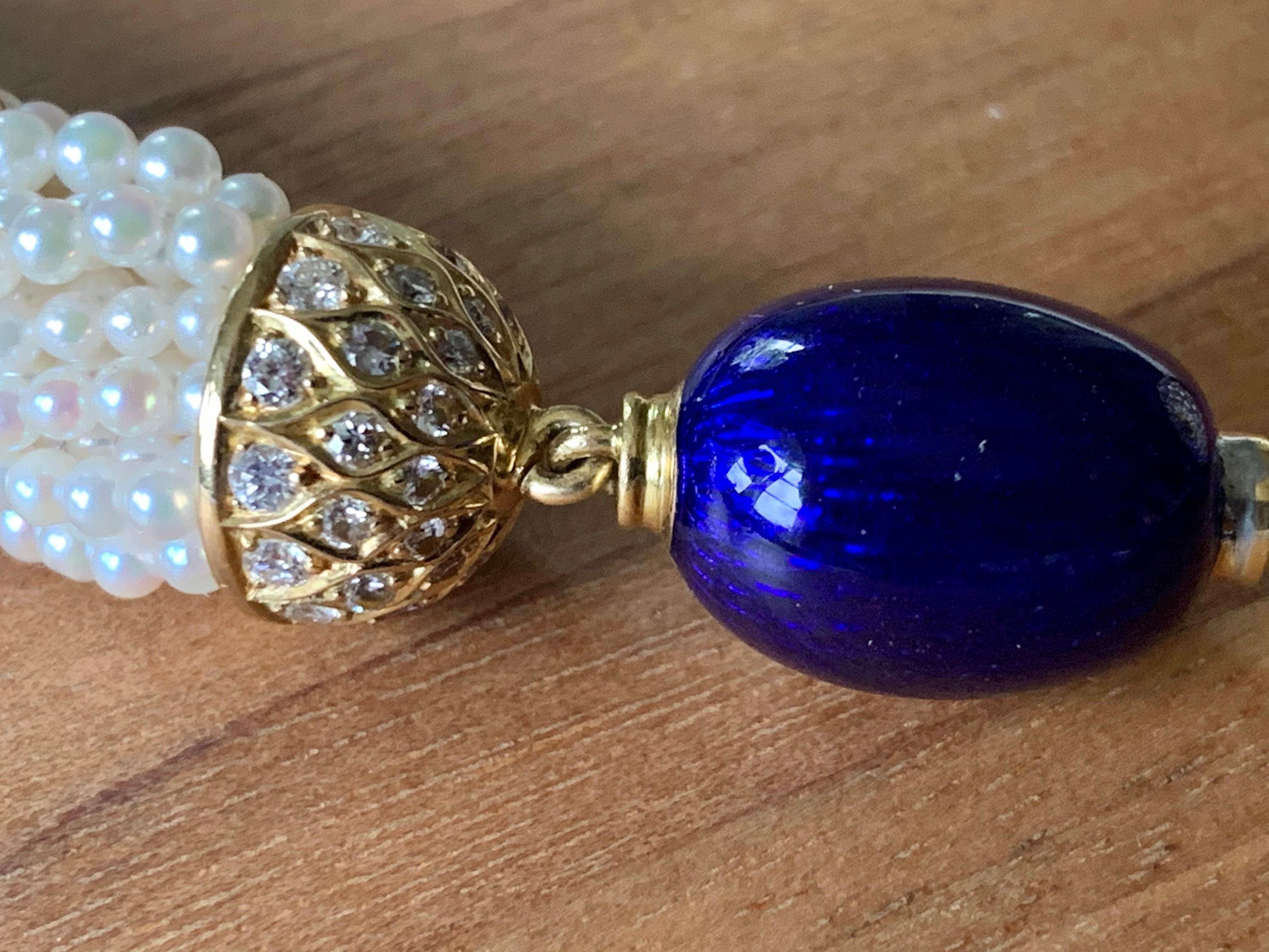 Fermoir boule en or jaune 18 carats avec perles de culture, émail et diamants en forme de torsadé Excellent état - En vente à Zurich, Zollstrasse
