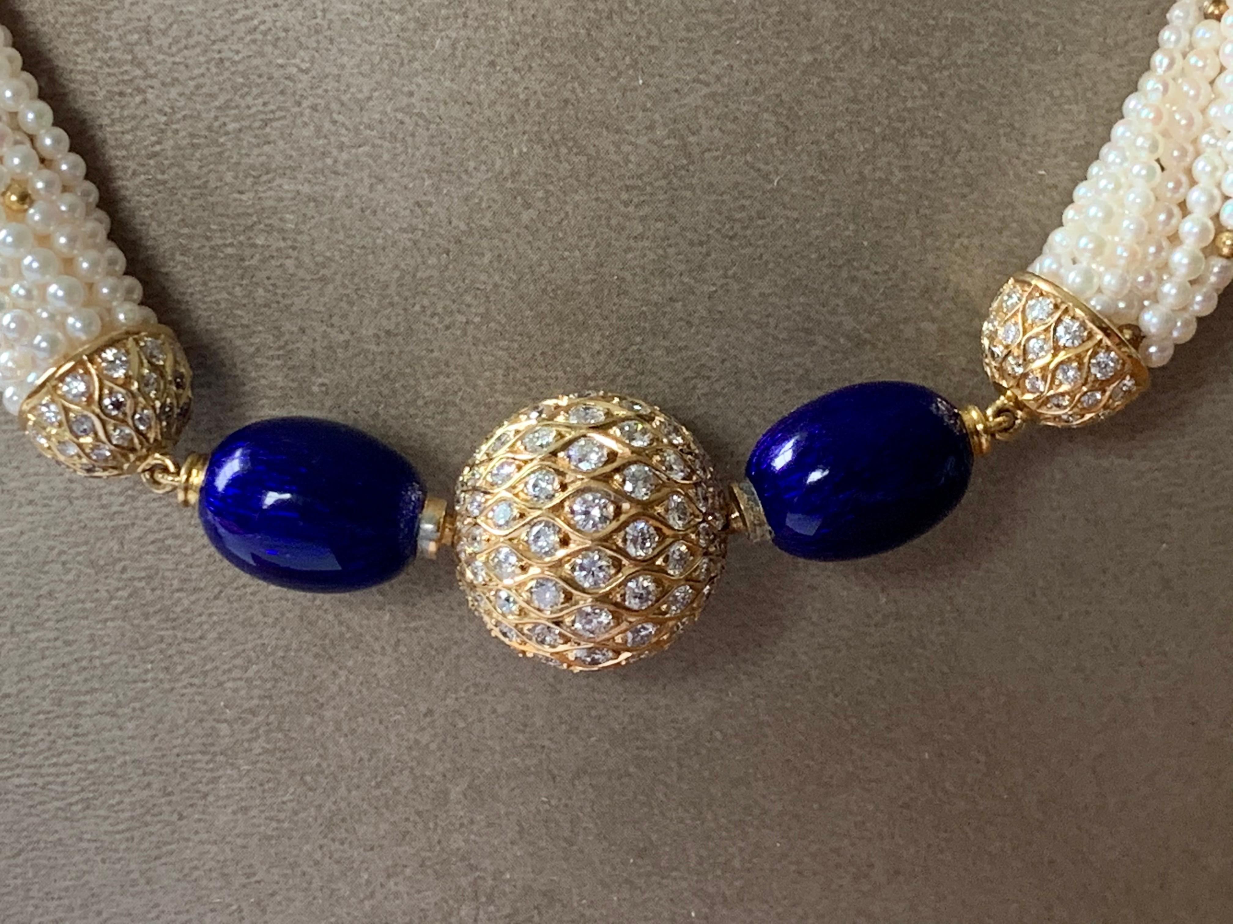 Women's or Men's 18 K Yellow Gold Cultured Pearl Torsade Enamel Diamond Ball Clasp For Sale
