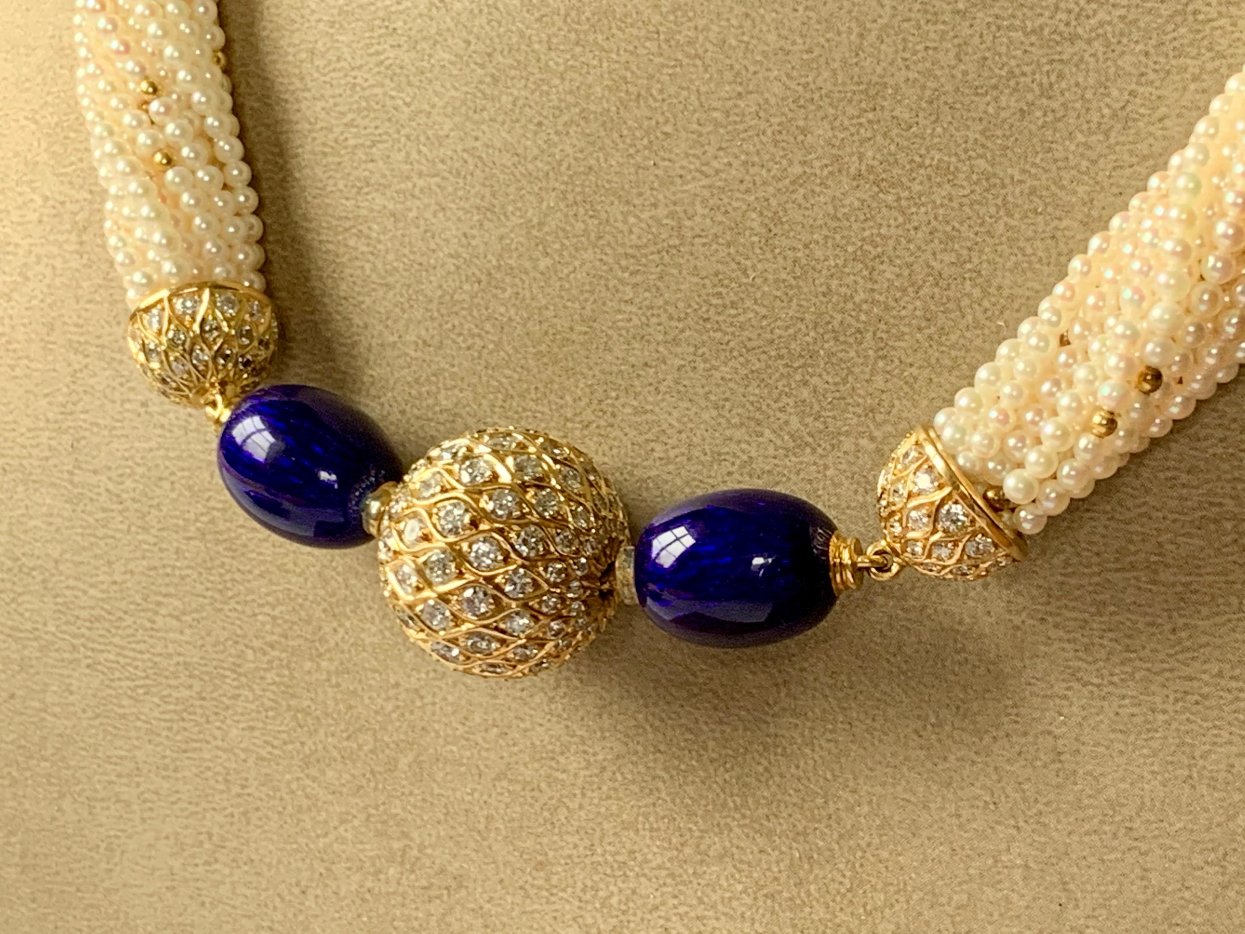 Fermoir boule en or jaune 18 carats avec perles de culture, émail et diamants en forme de torsadé en vente 2