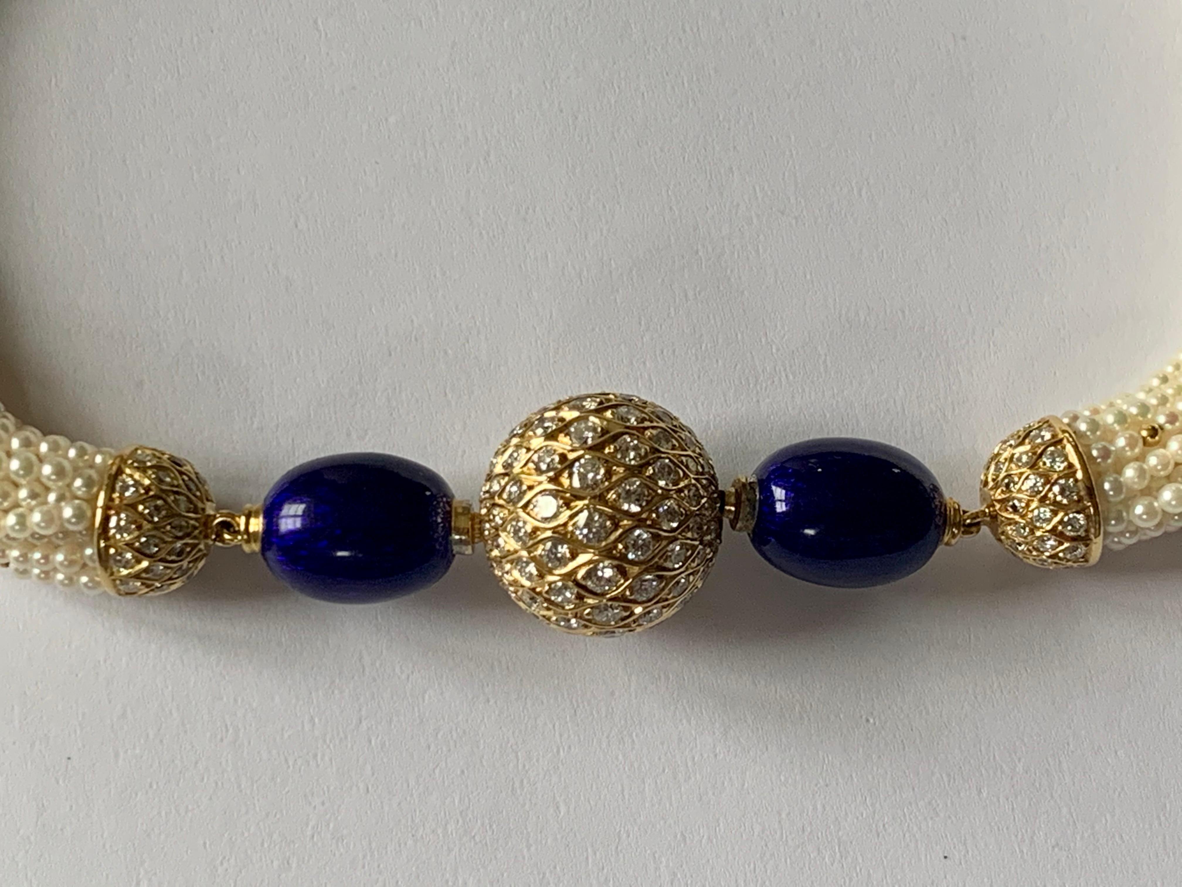 18 K Yellow Gold Cultured Pearl Torsade Enamel Diamond Ball Clasp For Sale 2