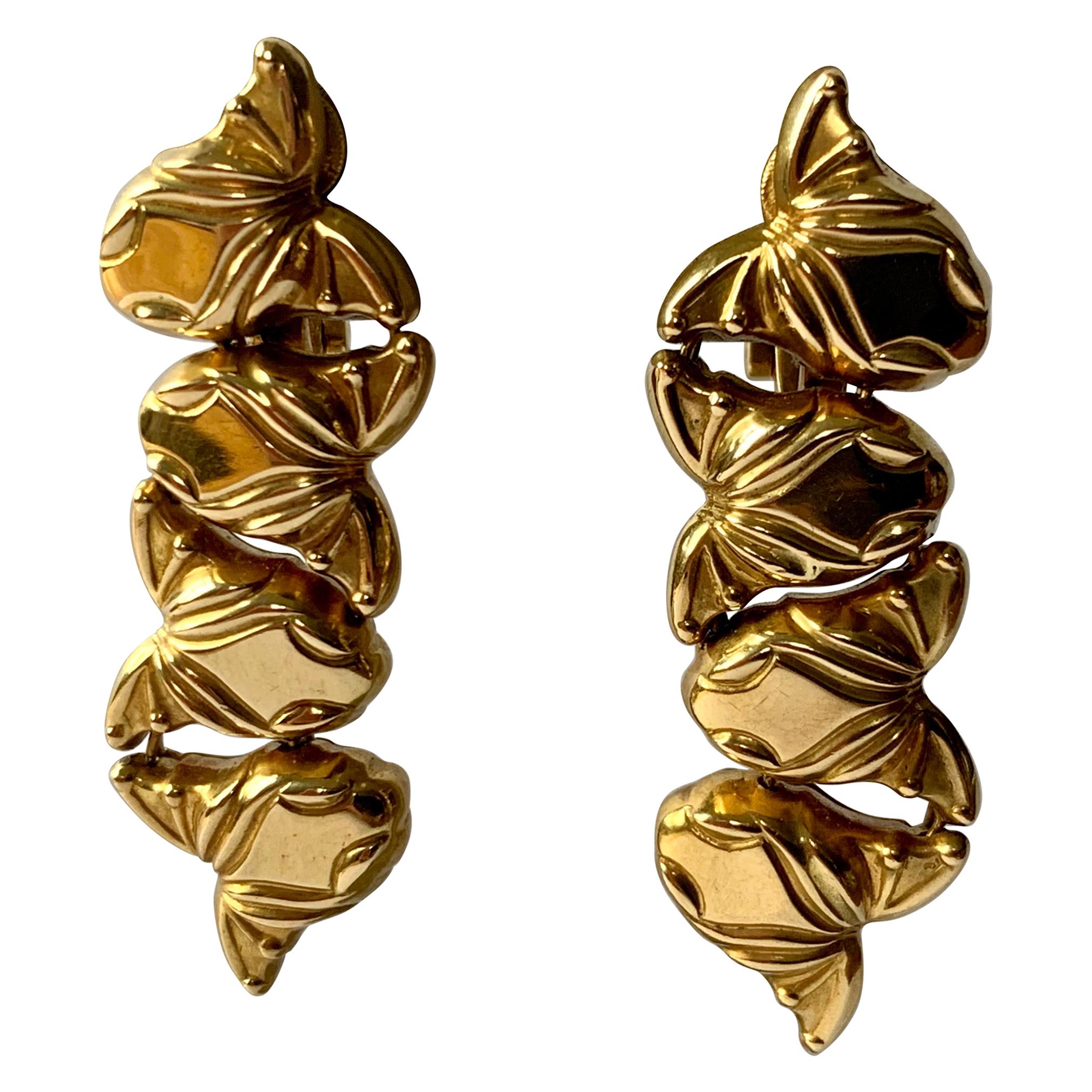 18 K Yellow Gold Earclips by Marina B, ca. 1980 with Fish Motives For Sale