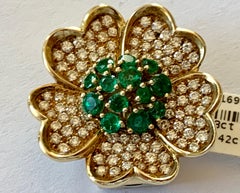 18 Karat Yellow Gold Emerald and Diamond Flower Brooch/Pendant