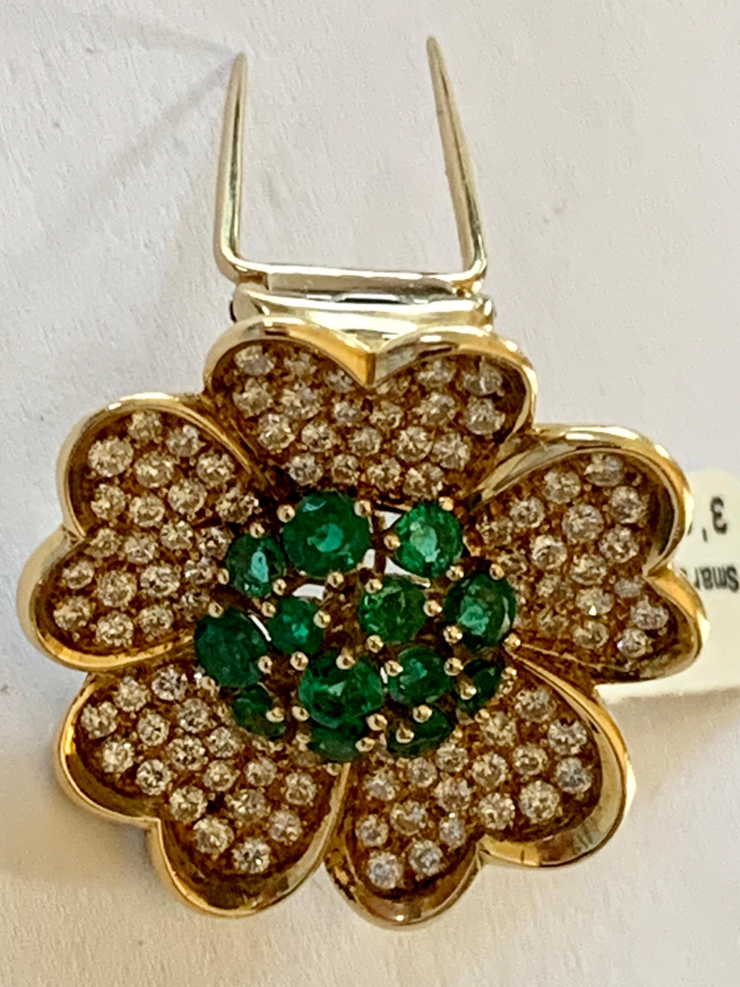 Women's or Men's 18 Karat Yellow Gold Emerald and Diamond Flower Brooch/Pendant For Sale