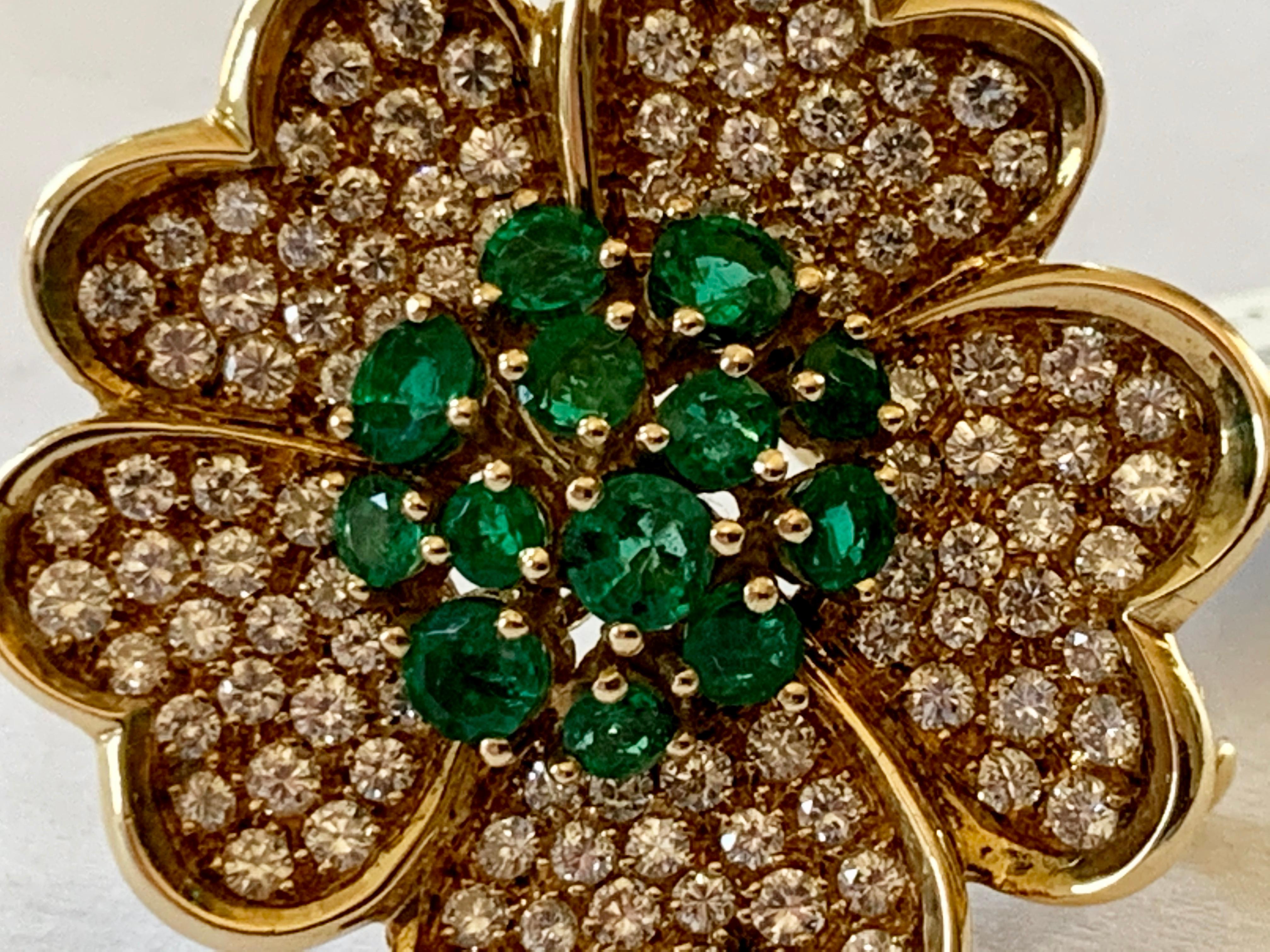 18 Karat Yellow Gold Emerald and Diamond Flower Brooch/Pendant For Sale 1