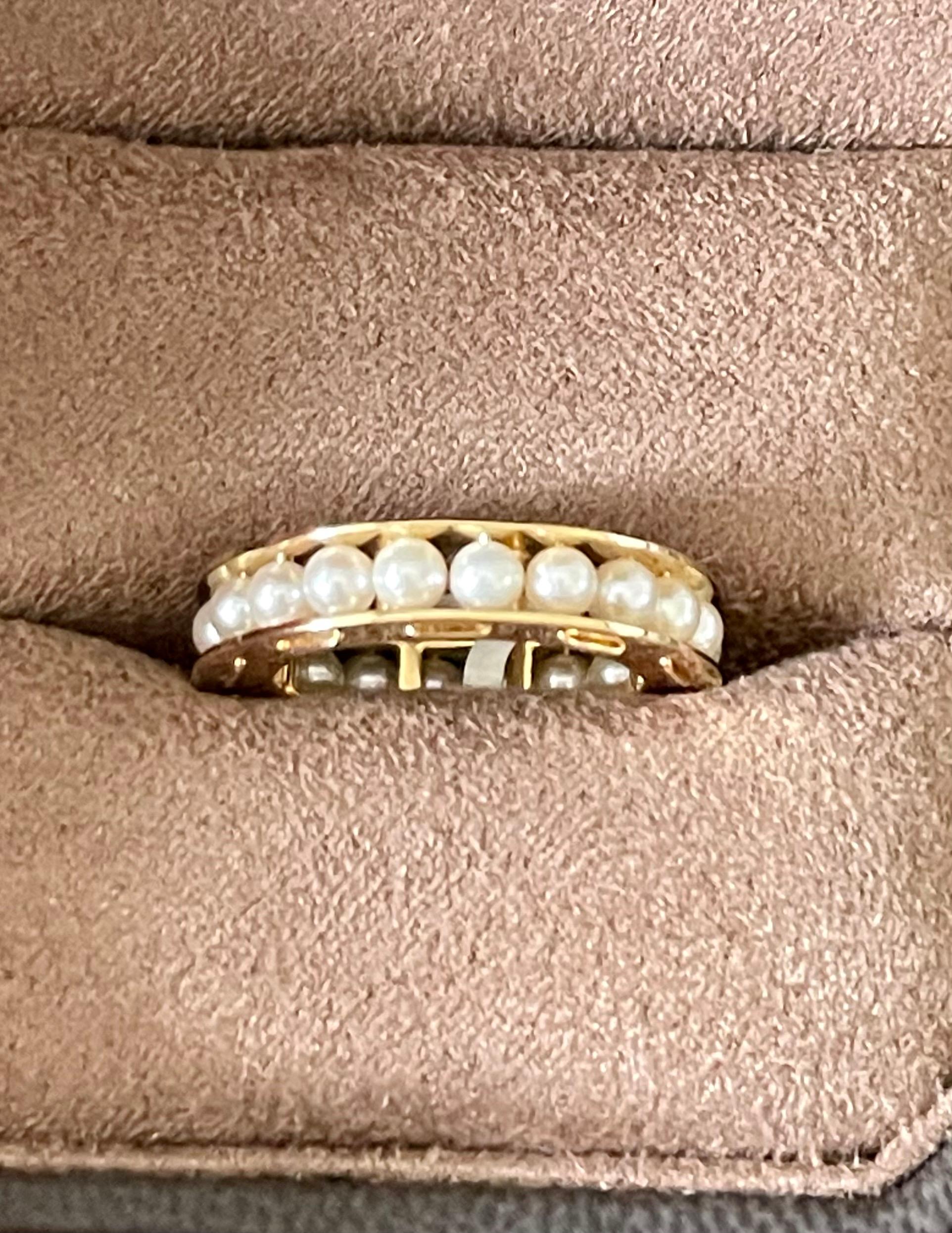 Round Cut 18 K Yellow Gold Eternity Band Ring with Pearls For Sale
