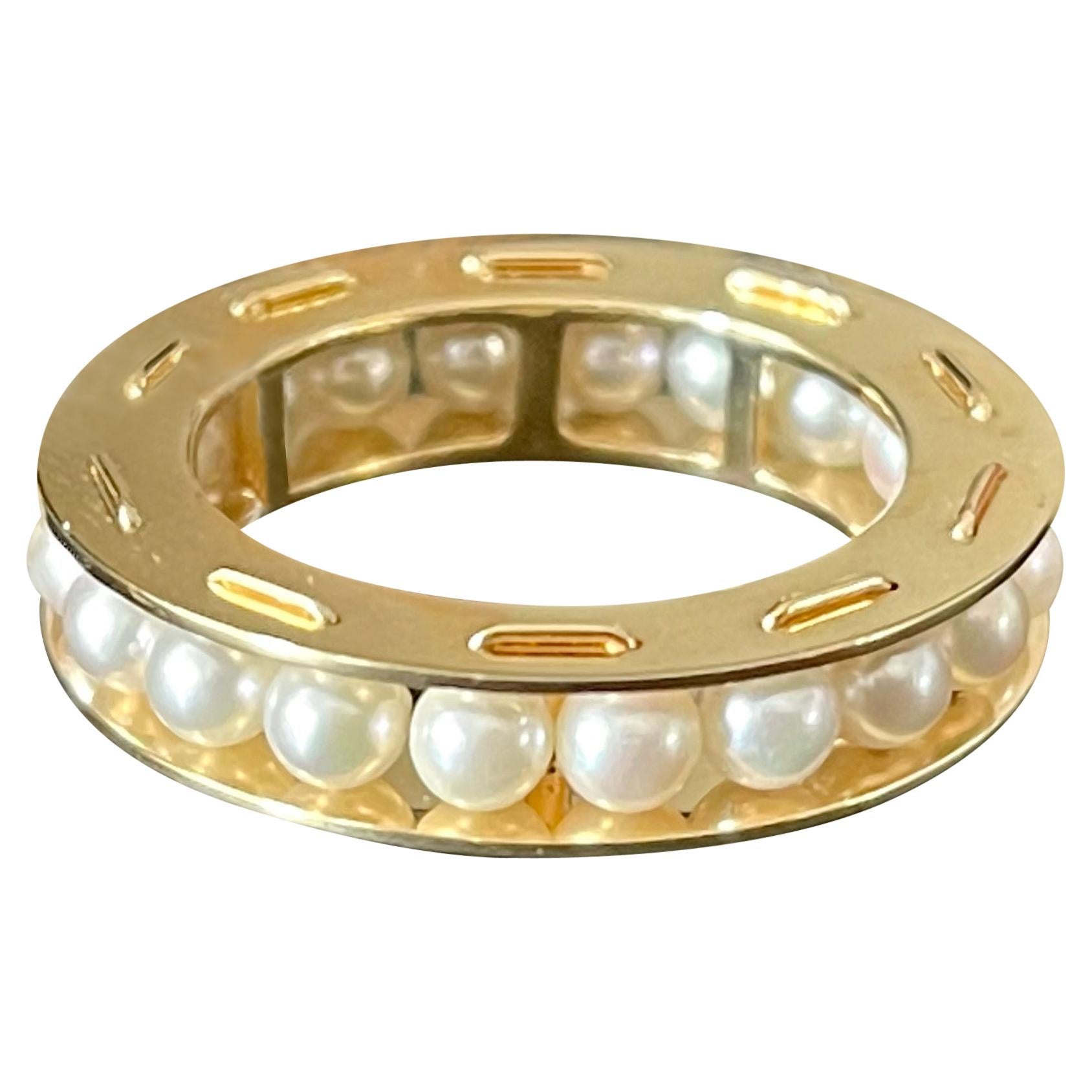 18 K Yellow Gold Eternity Band Ring with Pearls For Sale
