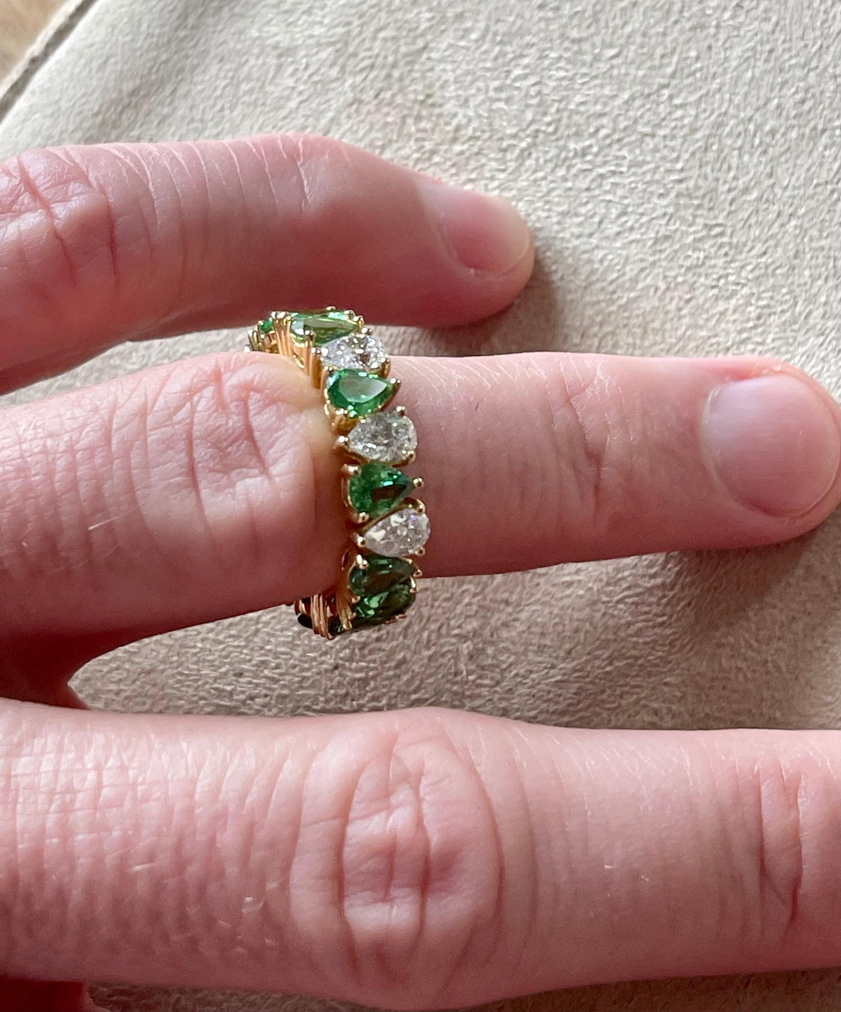 Pear Cut 18 K Yellow Gold Eternity Ring Pear Shape Tsavorites Diamonds For Sale