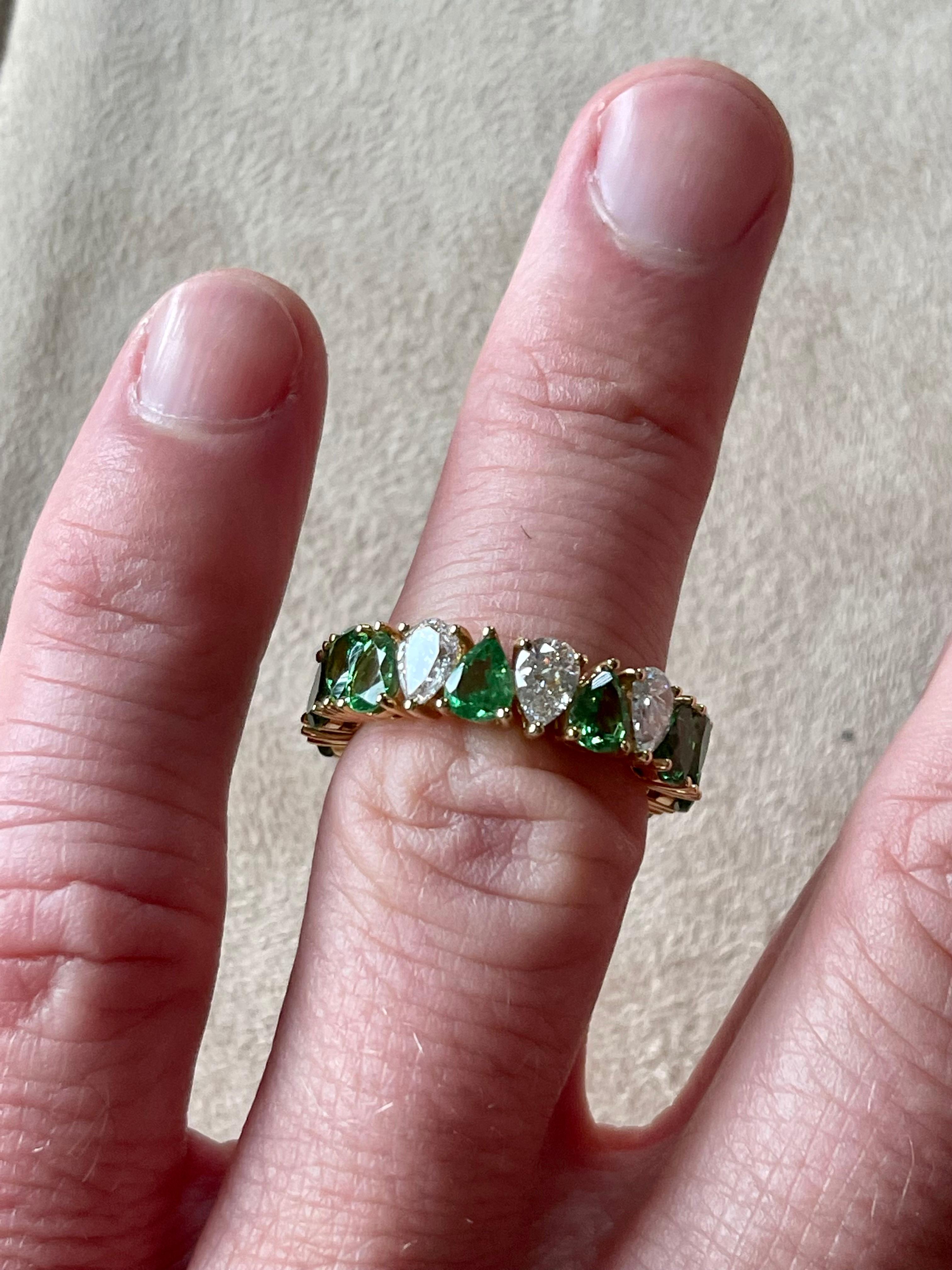 18 K Yellow Gold Eternity Ring Pear Shape Tsavorites Diamonds For Sale 1