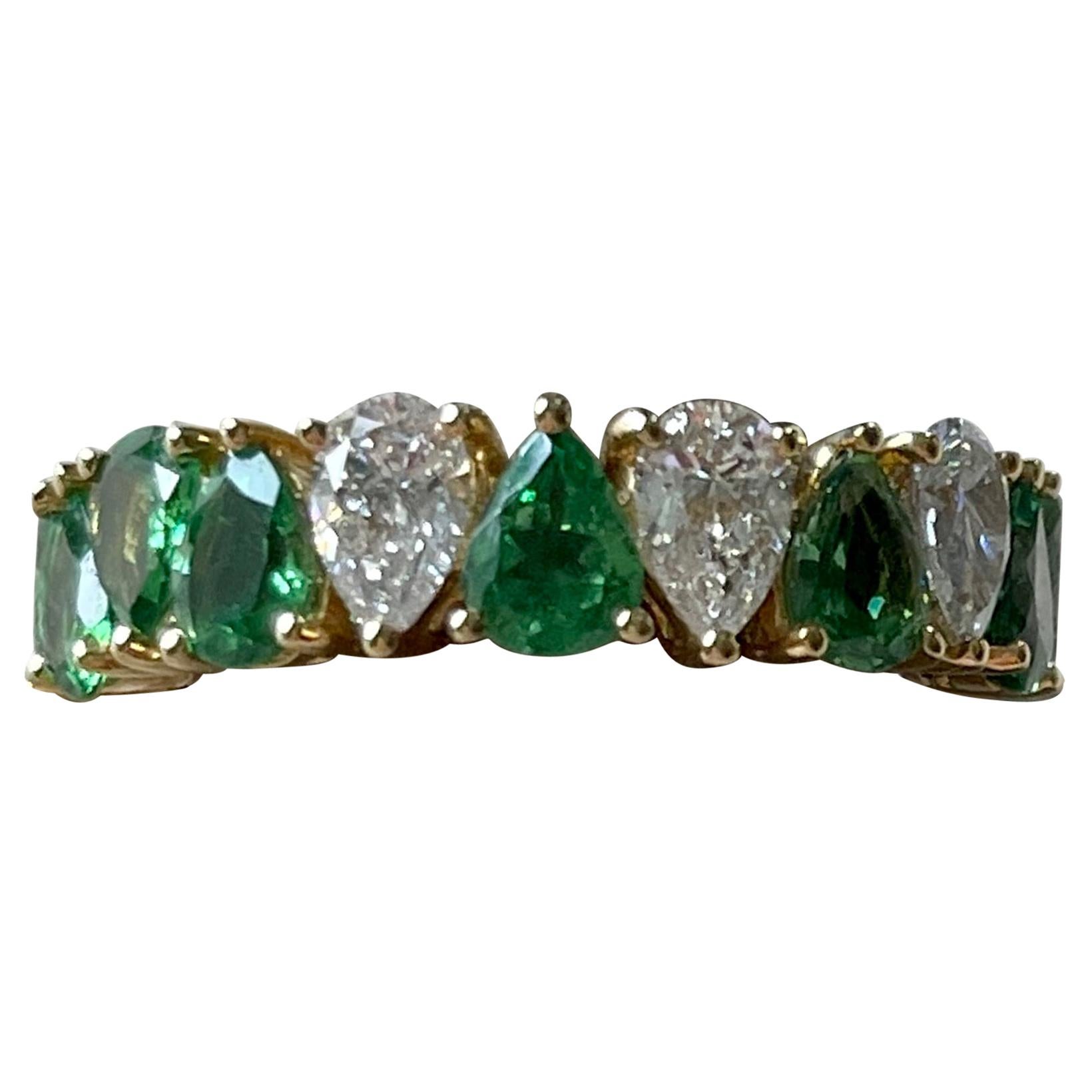 18 K Yellow Gold Eternity Ring Pear Shape Tsavorites Diamonds For Sale