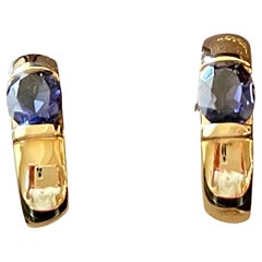 18 K Yellow Gold Hoop Style Earrings with Iolite Signed Chaumet