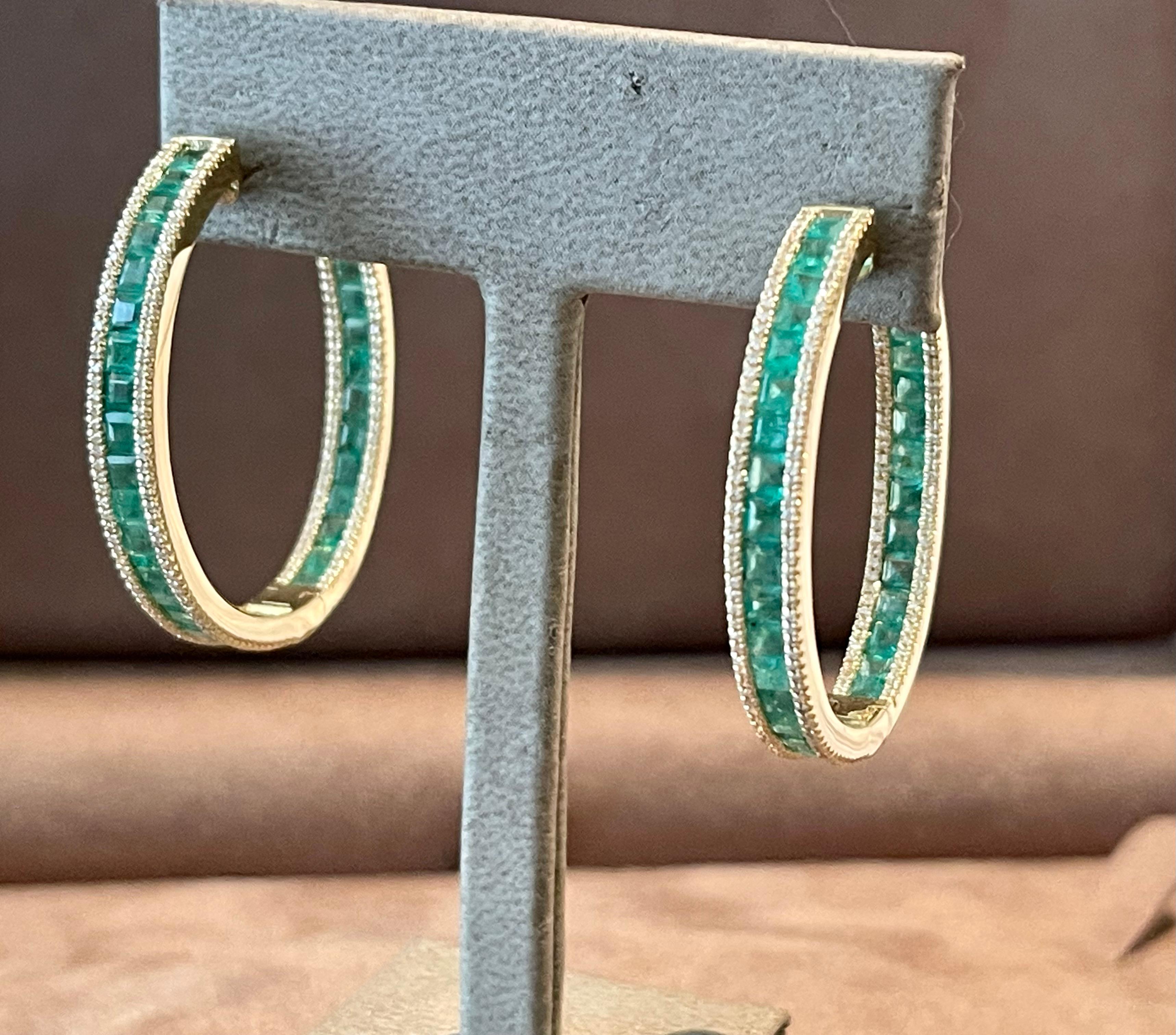 Emerald Cut 18 K yellow Gold inside out Emerald Diamond hoop earrings For Sale