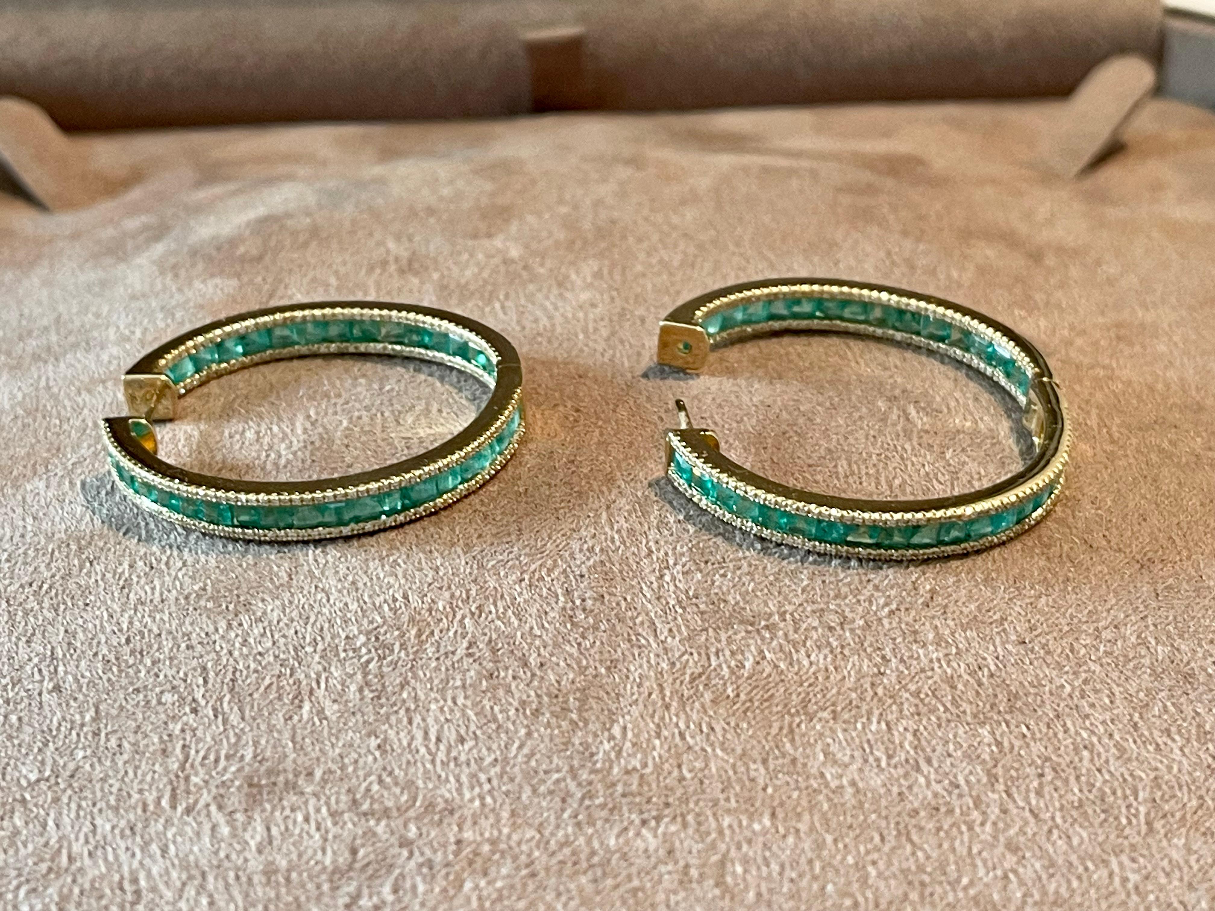 Women's 18 K yellow Gold inside out Emerald Diamond hoop earrings For Sale