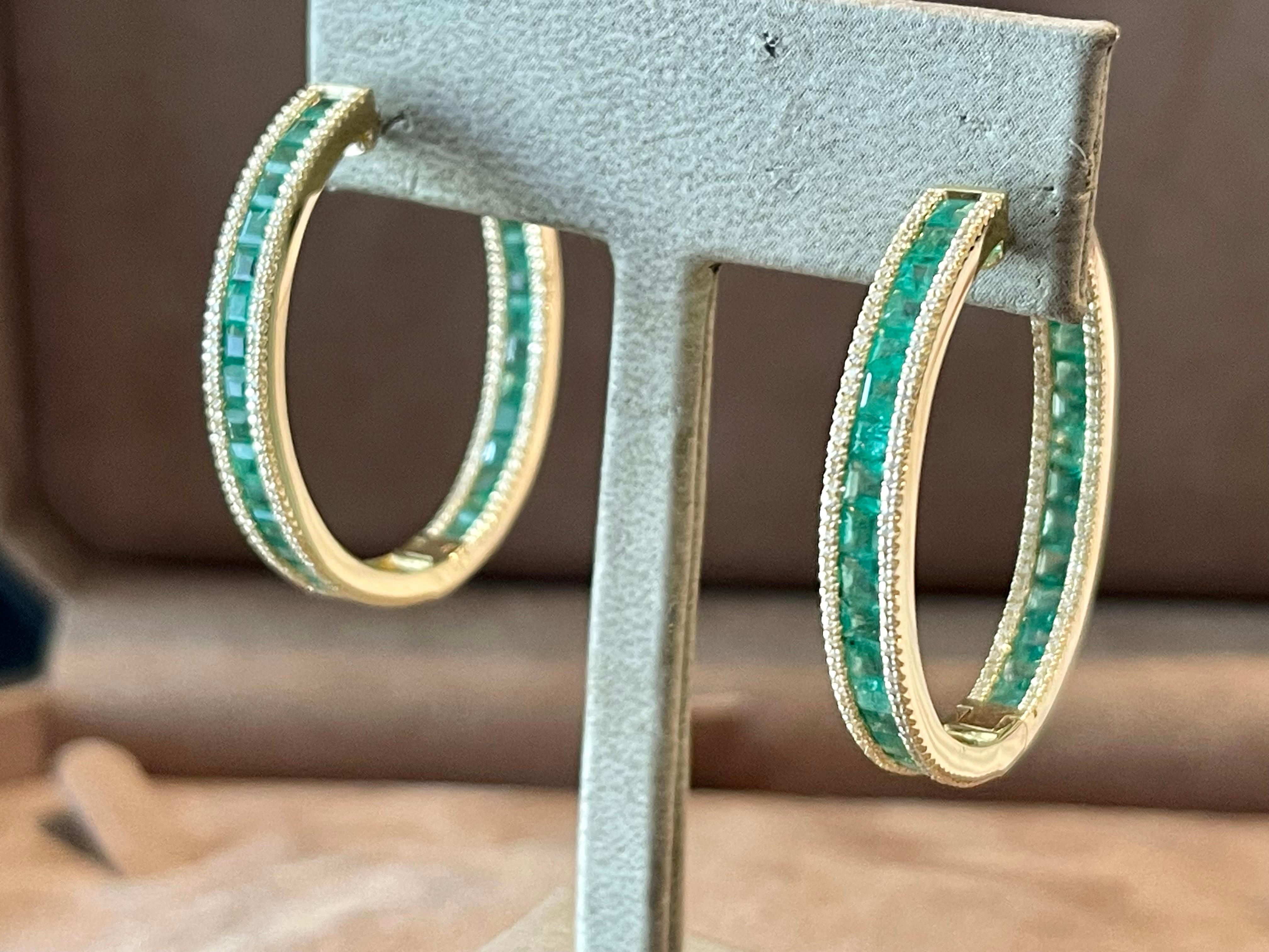 18 K yellow Gold inside out Emerald Diamond hoop earrings For Sale 1