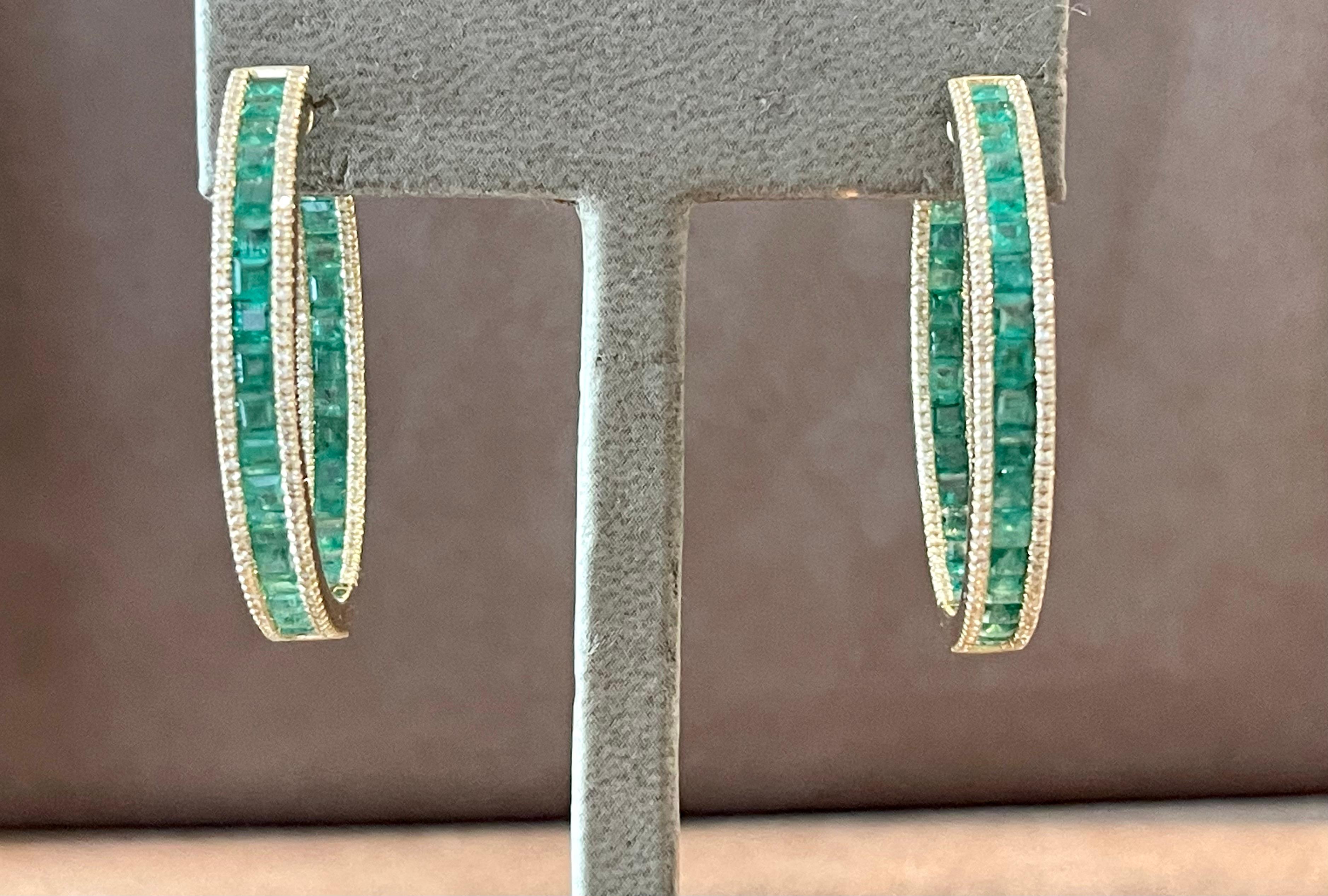 18 K yellow Gold inside out Emerald Diamond hoop earrings For Sale 2