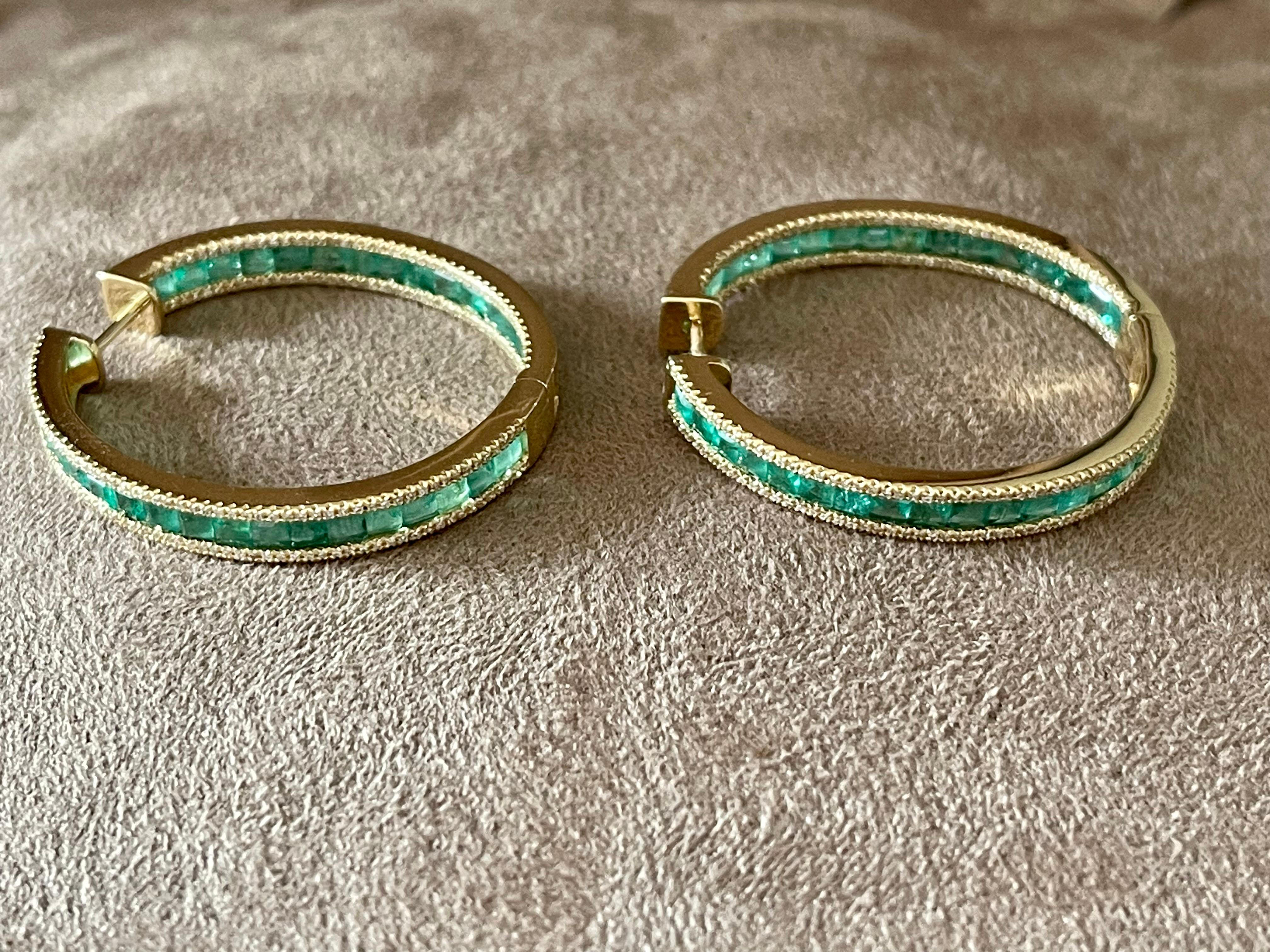 18 K yellow Gold inside out Emerald Diamond hoop earrings For Sale 3