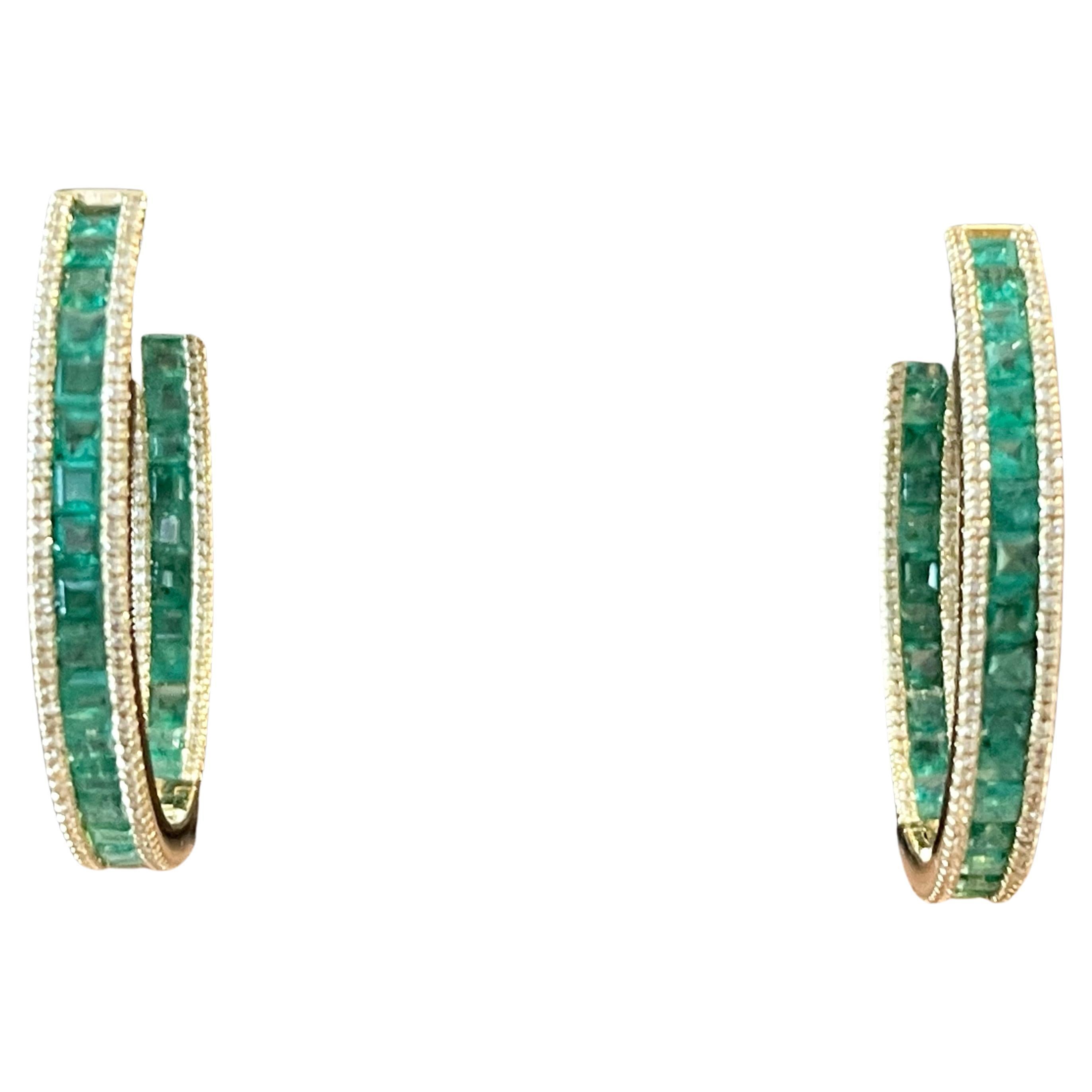 18 K yellow Gold inside out Emerald Diamond hoop earrings For Sale